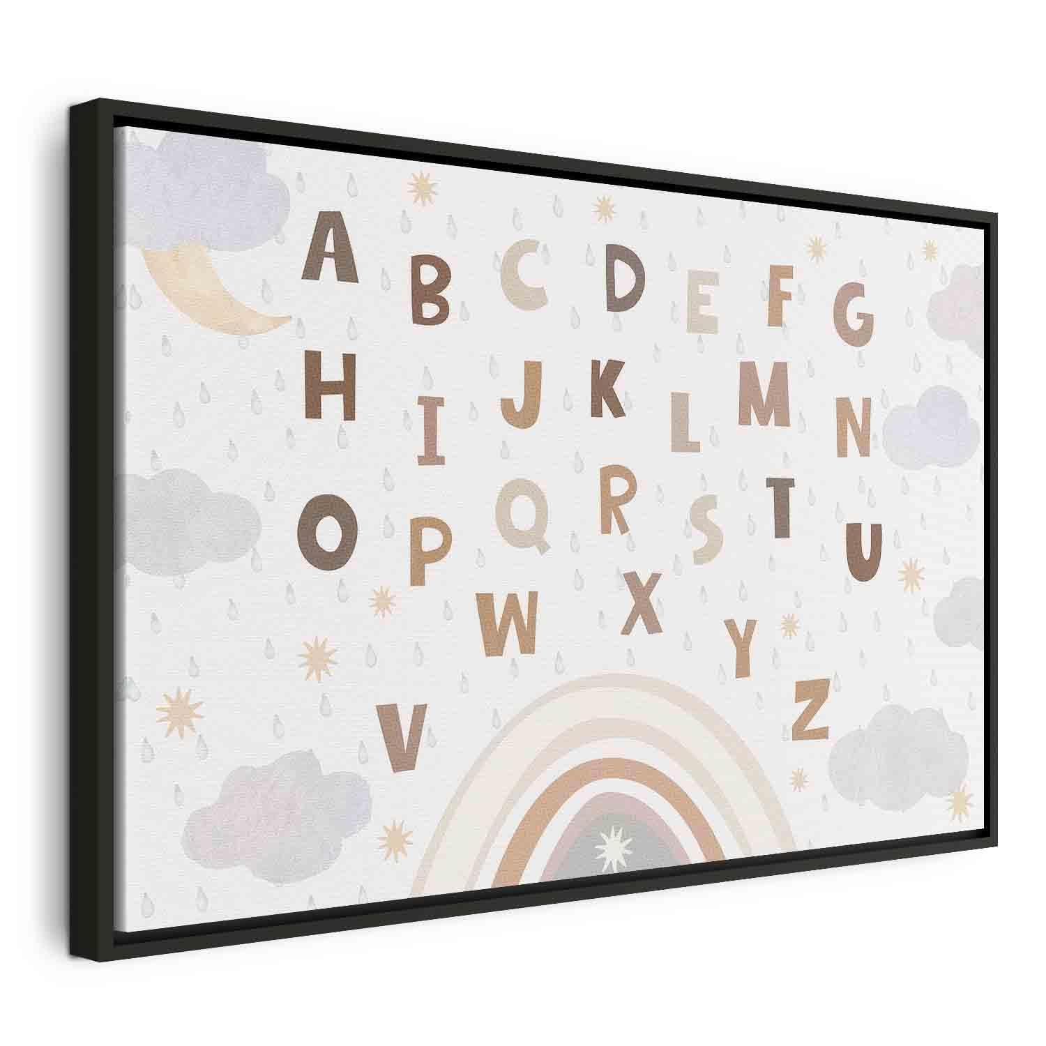 Tableau - Letters Above the Rainbow - Letters Among Streams of Rain and Clouds with a Rainbow Moon and Stars on a Light Background