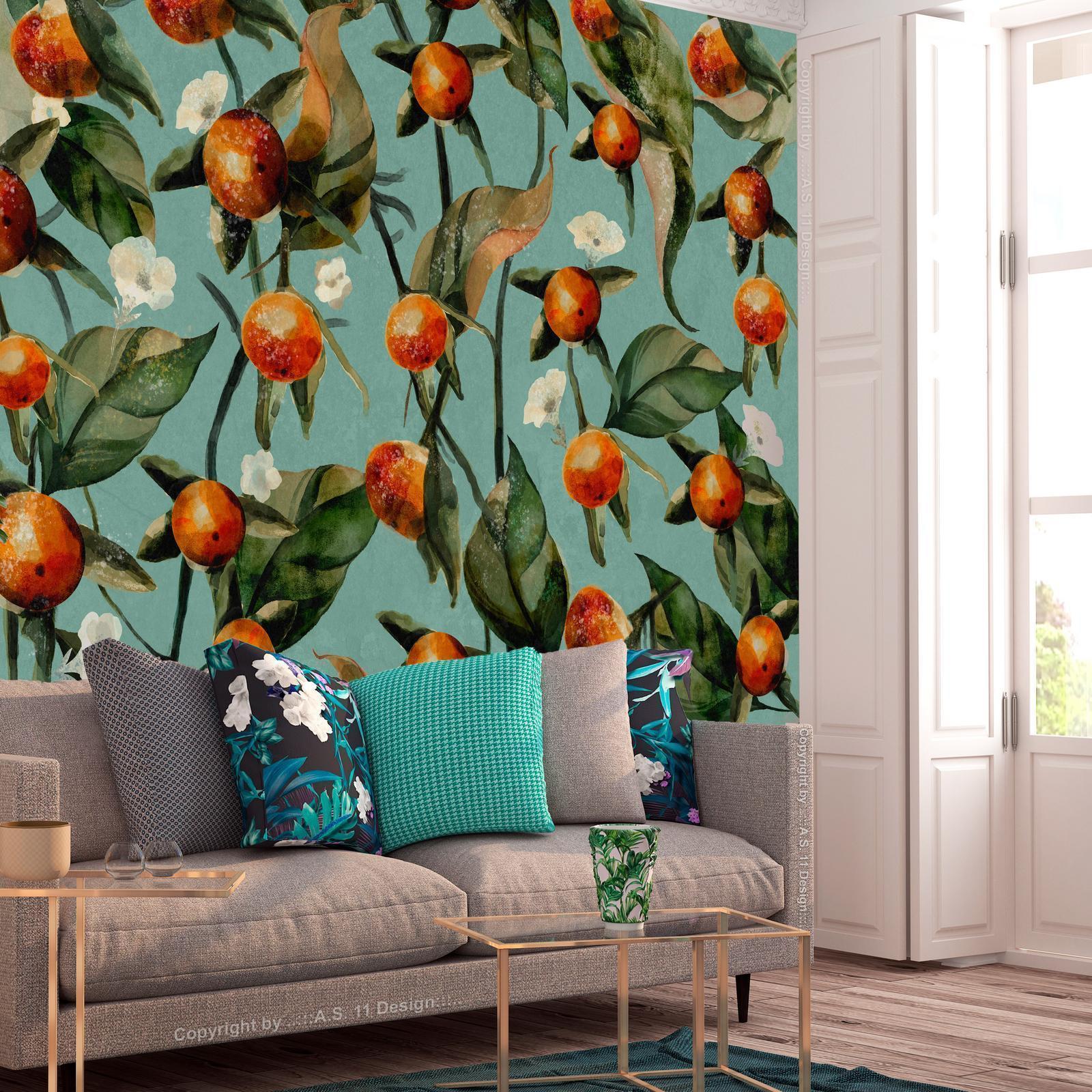 Papier peint - Orange grove - plant motif with fruit and leaves on a blue background