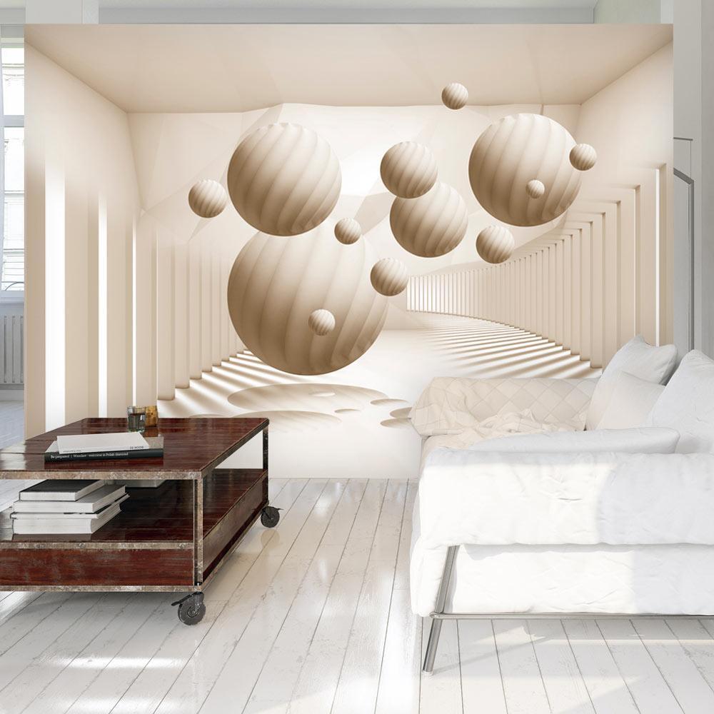 Papier peint - 3D Abstraction - Beige spheres with shadow in a bright space with columns