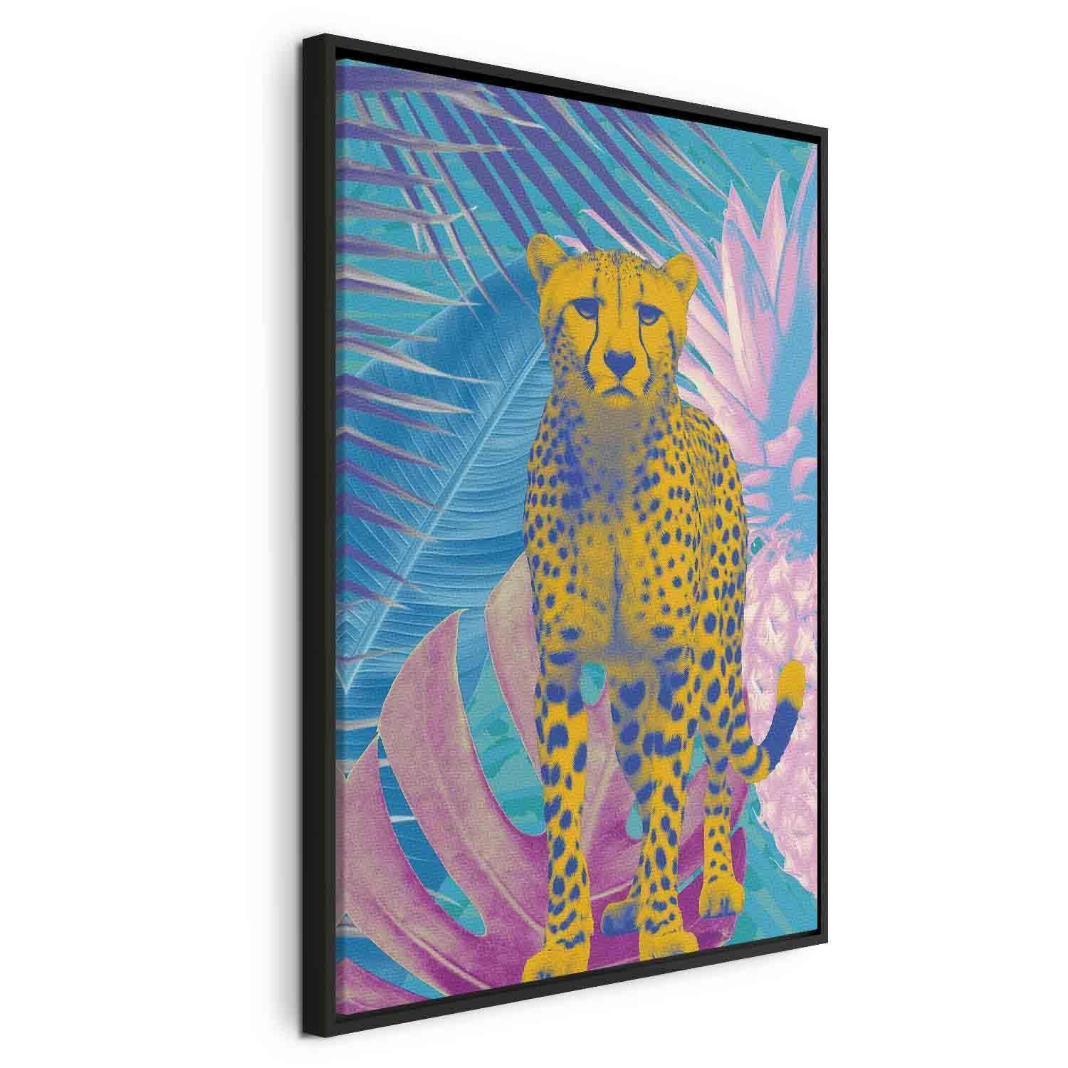 Tableau - Exotic Leopard - Colorful Portrait of a Cheetah Against Tropical Leaves