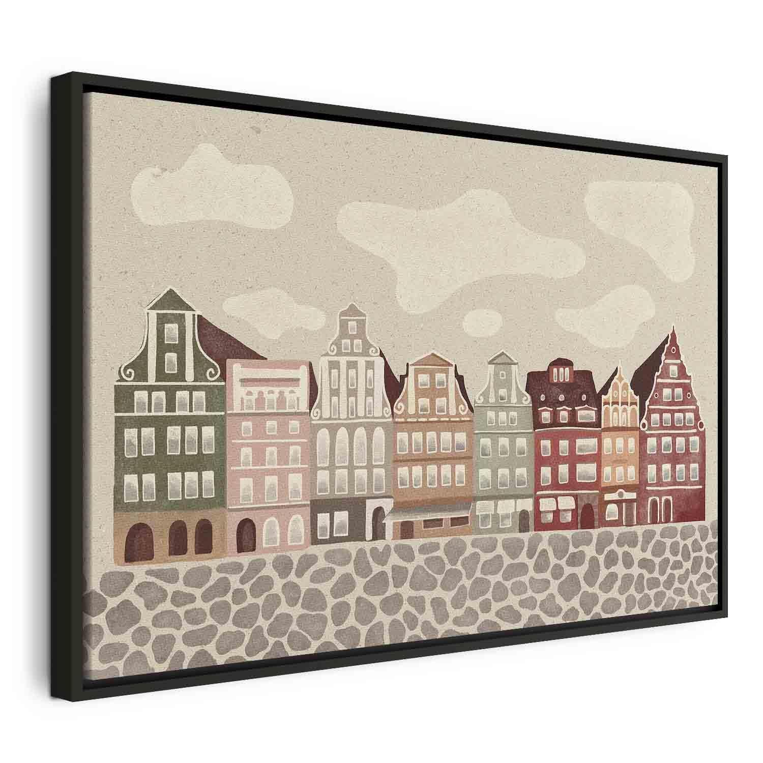 Tableau - Salt Square - Colorful Illustrated Townhouses Against a Cloudy Sky Background