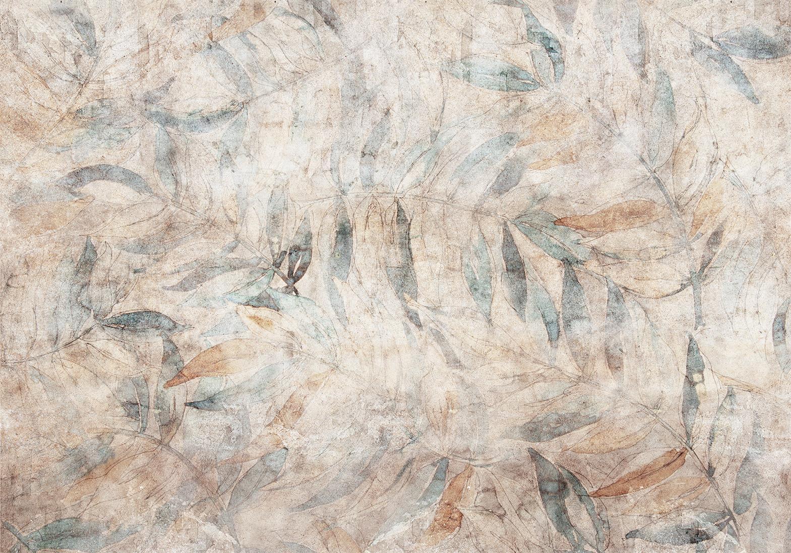 Papier peint - Greek laurels - faded composition with leaves on a beige patterned background