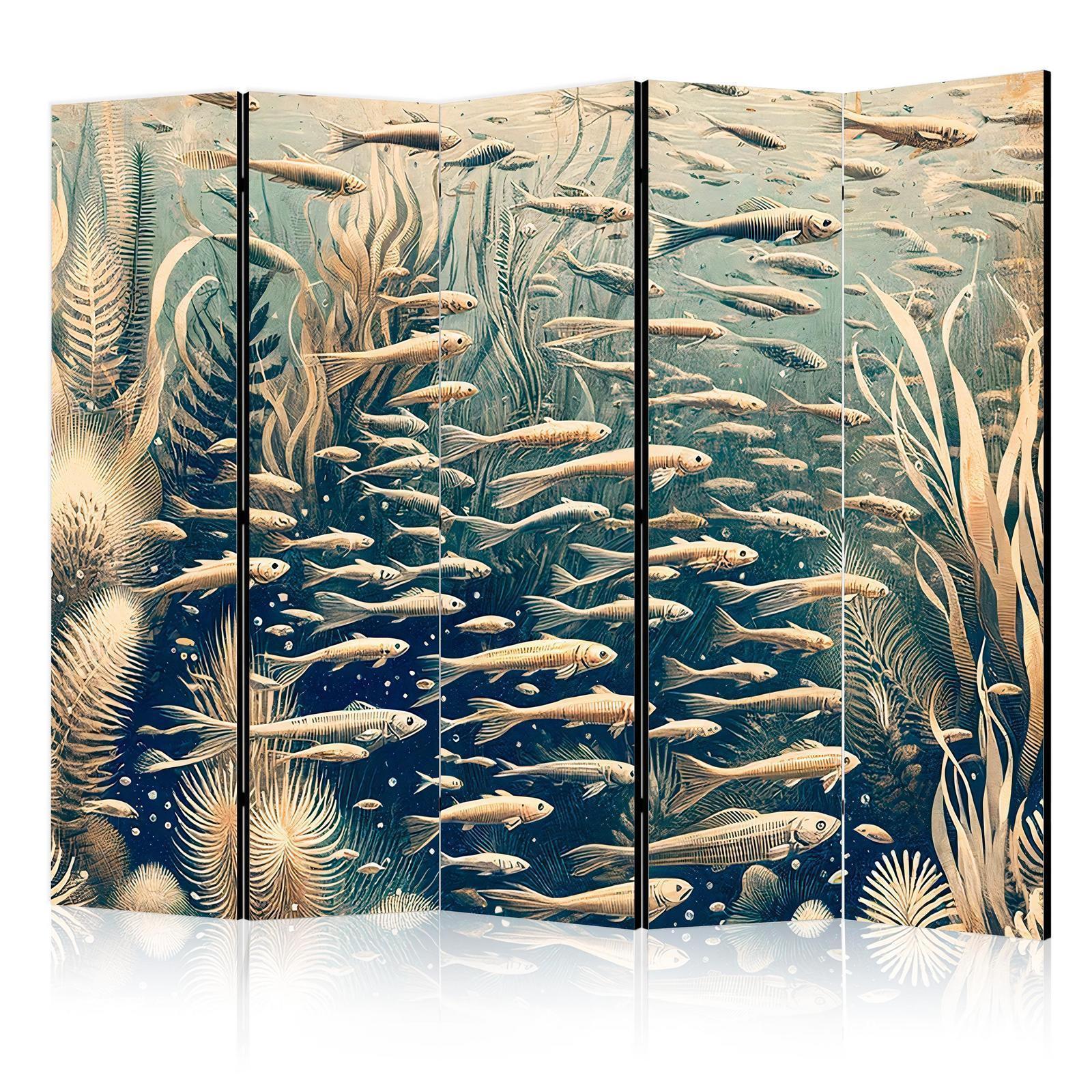 Paravent - Life in The Ocean - Underwater World of Fish And Vegetation in Beige And Navy Colors in Retro Style