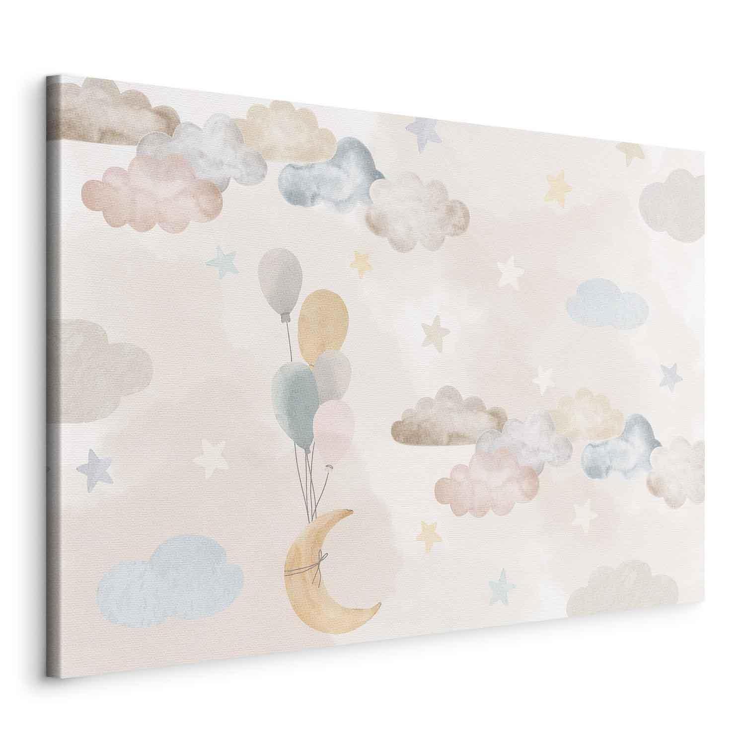 Tableau - Fairy-Tale Moon - Pastel Moon with Balloons Among Colorful Clouds and Stars in Subdued Colors on a Light Background