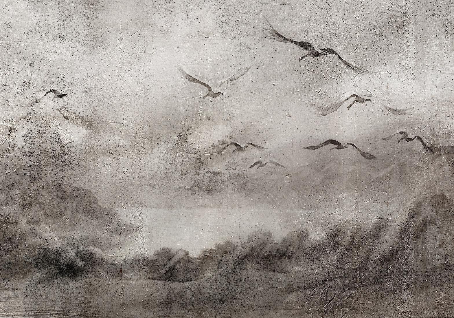 Papier peint - Swan flight - abstract landscape of birds over a lake with texture