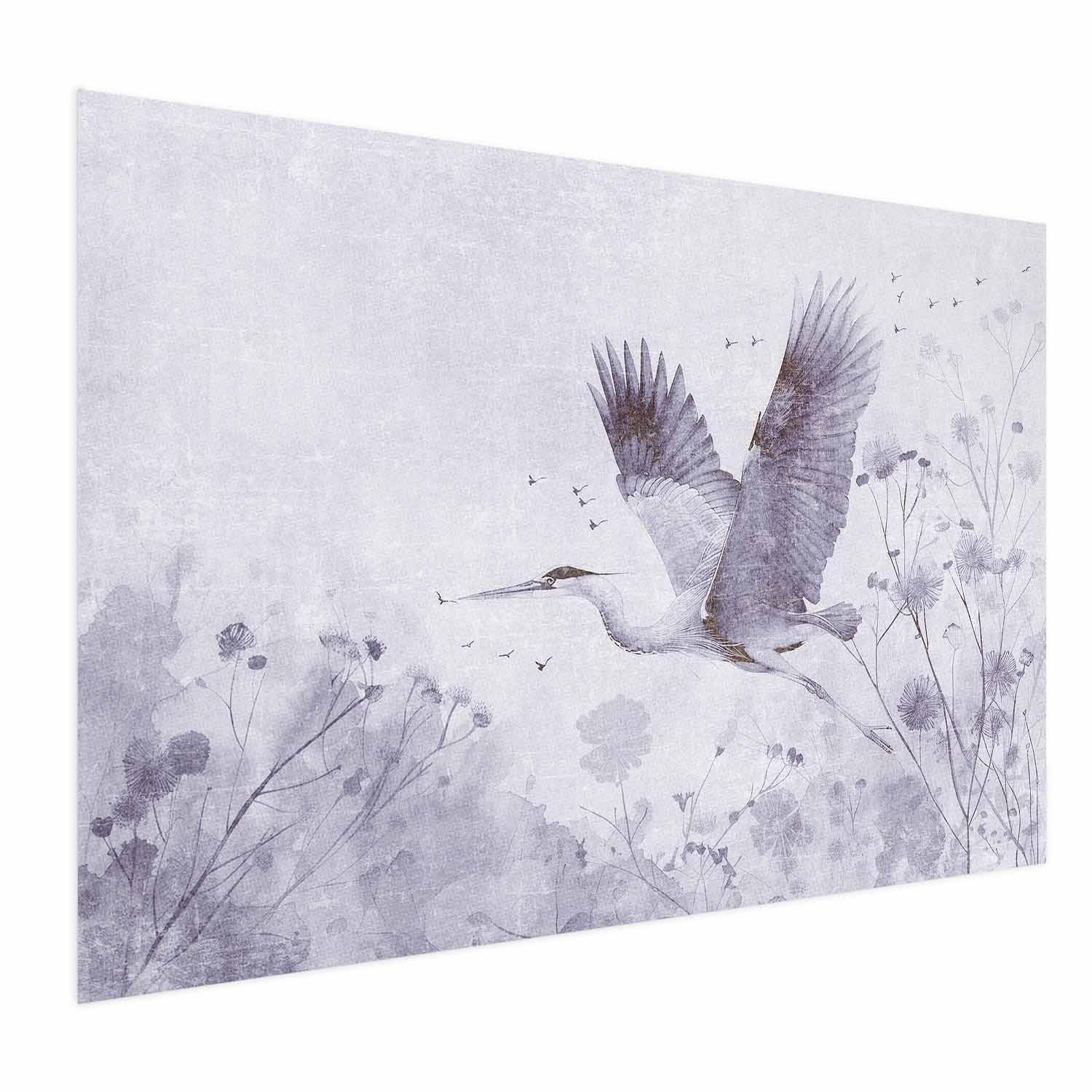 Poster - Majestic Flight - crane in flight in a monochromatic, cool color palette