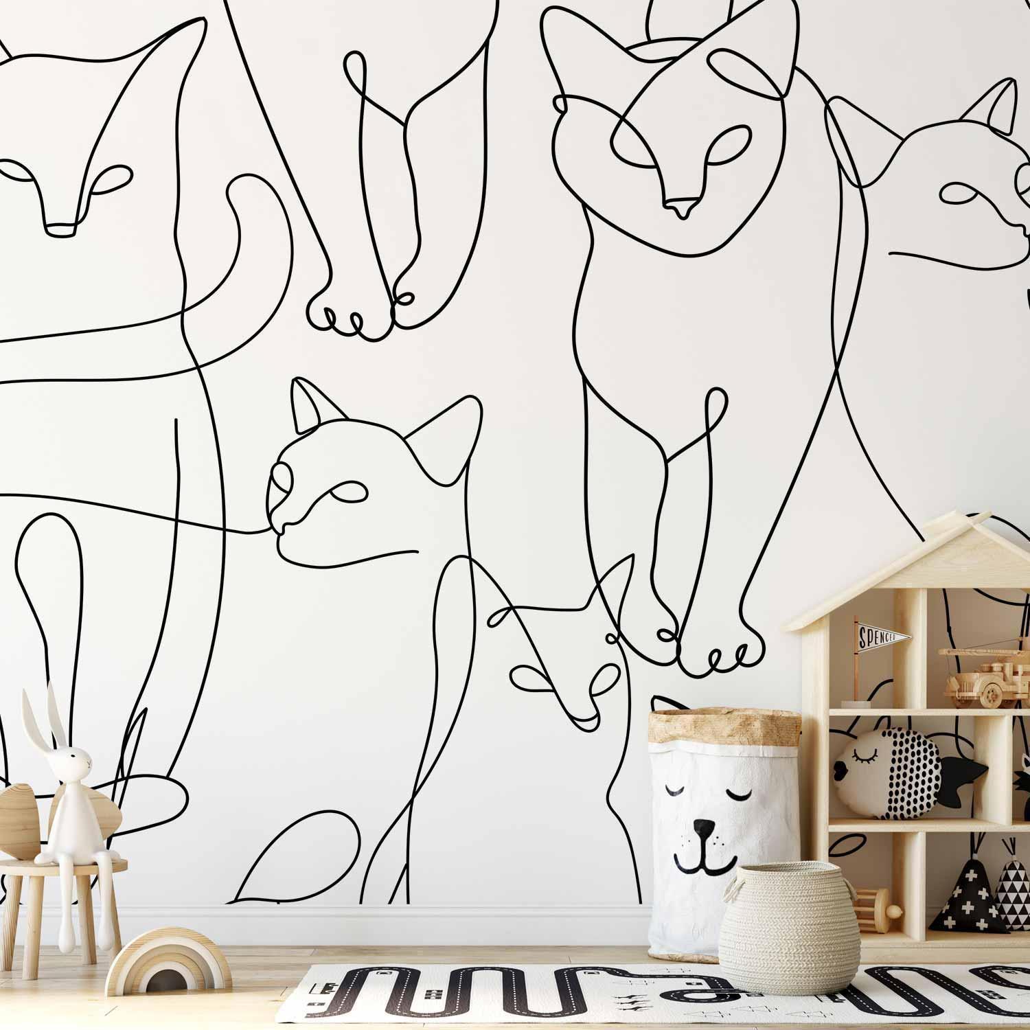 Papier peint - Cat lineart - minimalist sketches of black cats on white background