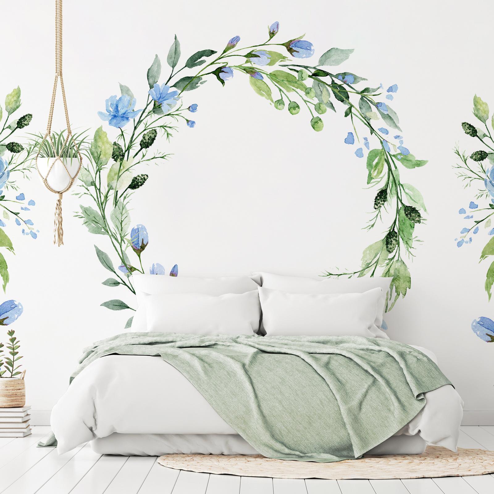 Papier peint - Romantic wreath - plant motif with blue flowers and leaves