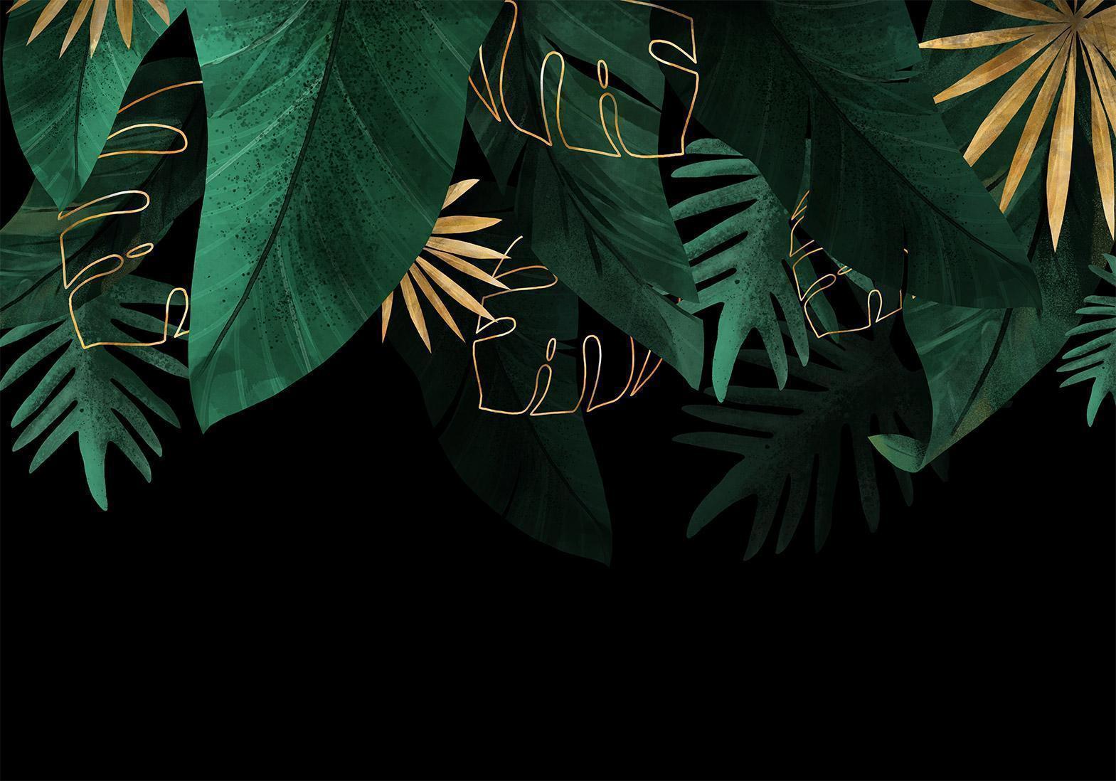 Papier peint - Jungle and composition - motif of green and golden leaves on a black background