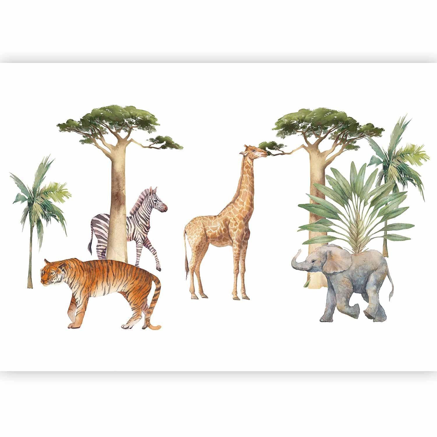 Papier peint - Jungle Animals on White Background Made With Watercolour Technique