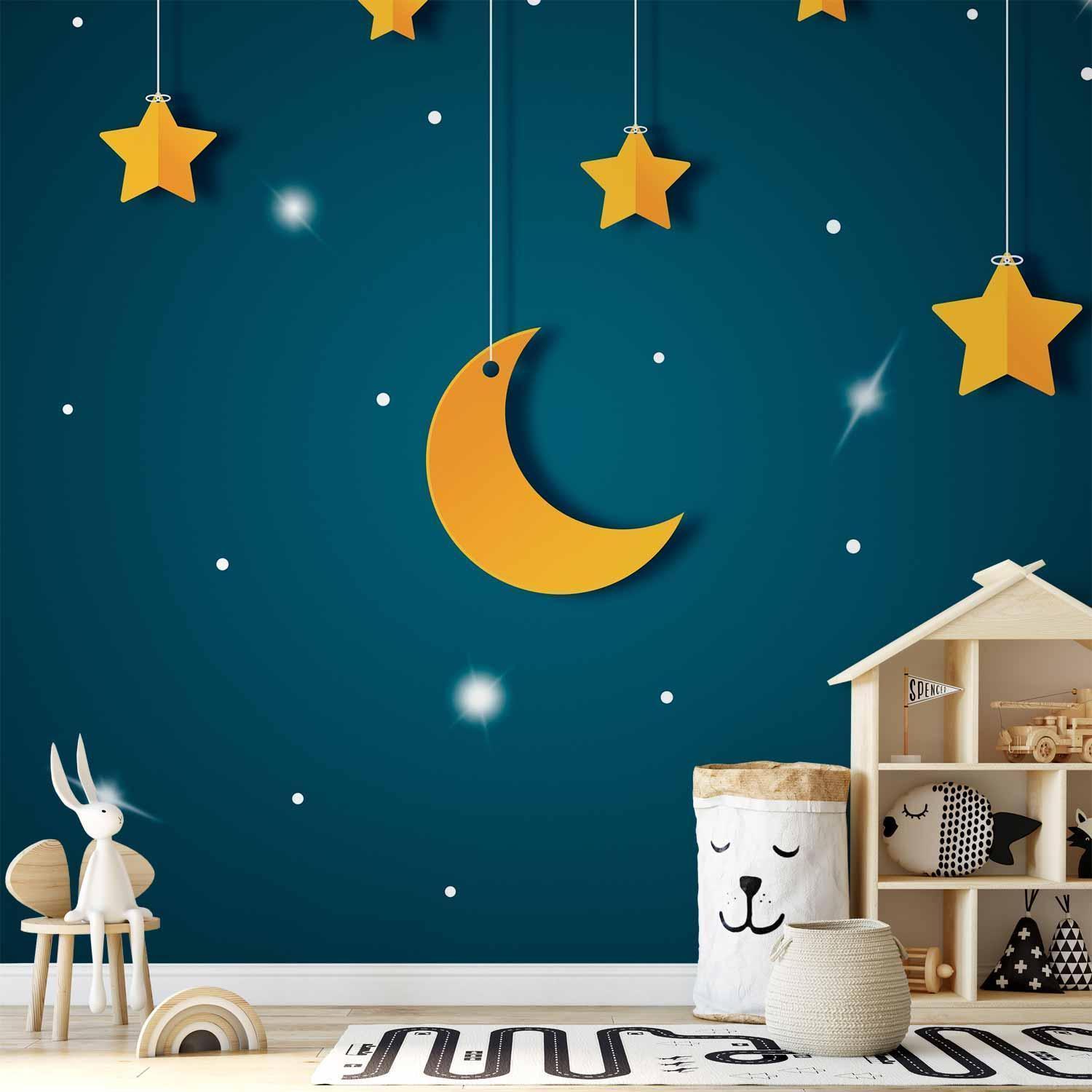 Papier peint - Skyline - turquoise night sky landscape with stars for children