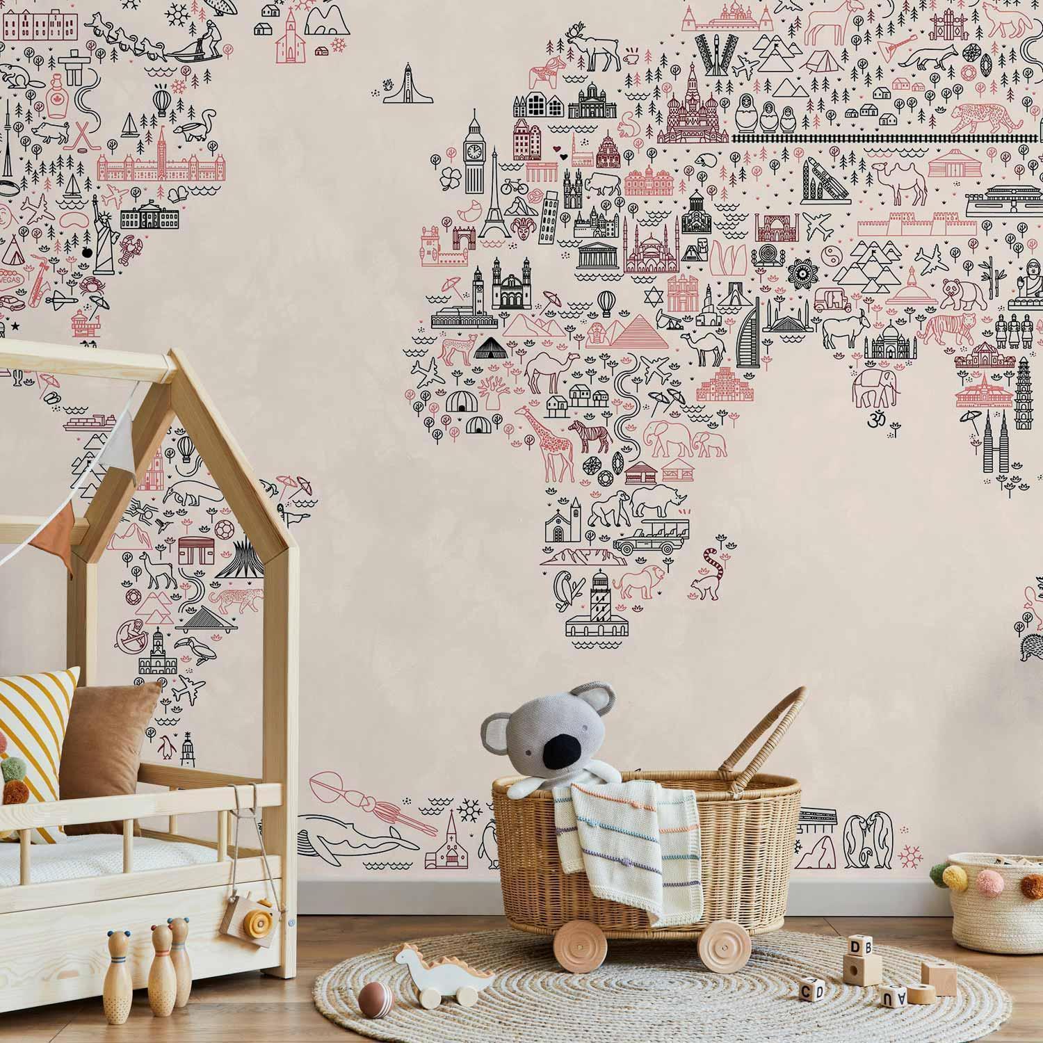 Papier peint - Map With Icons - Cartoon Representation of the World in Pastel Colours