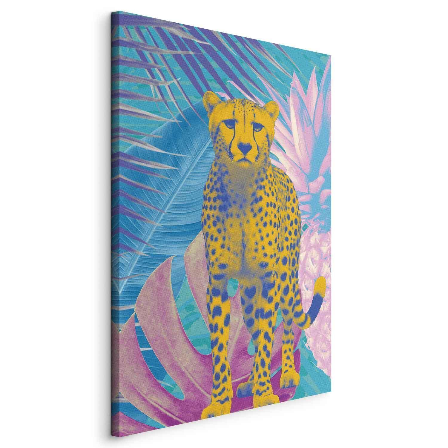 Tableau - Exotic Leopard - Colorful Portrait of a Cheetah Against Tropical Leaves