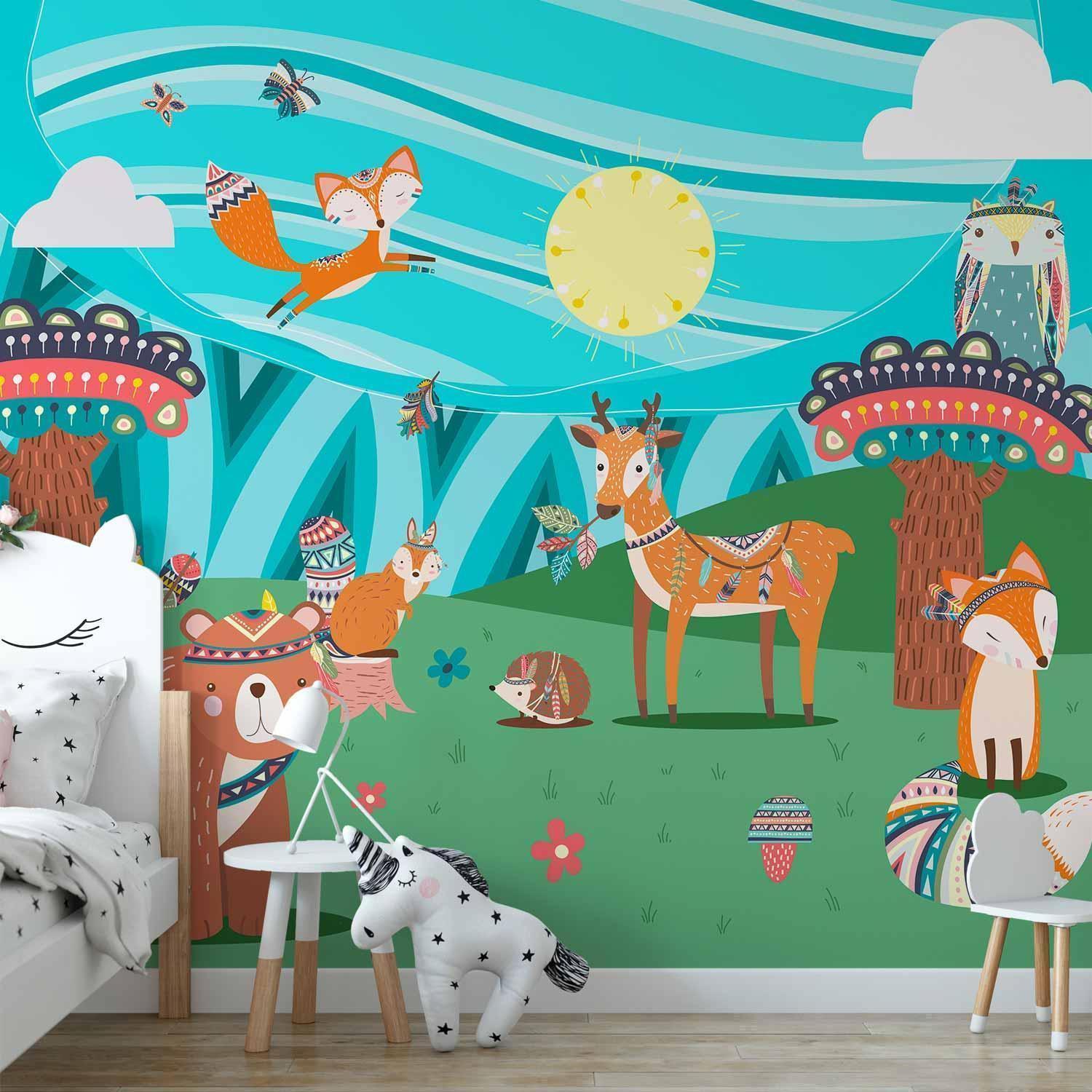 Papier peint - Adventures in the forest - forest animals in an Indian theme for children