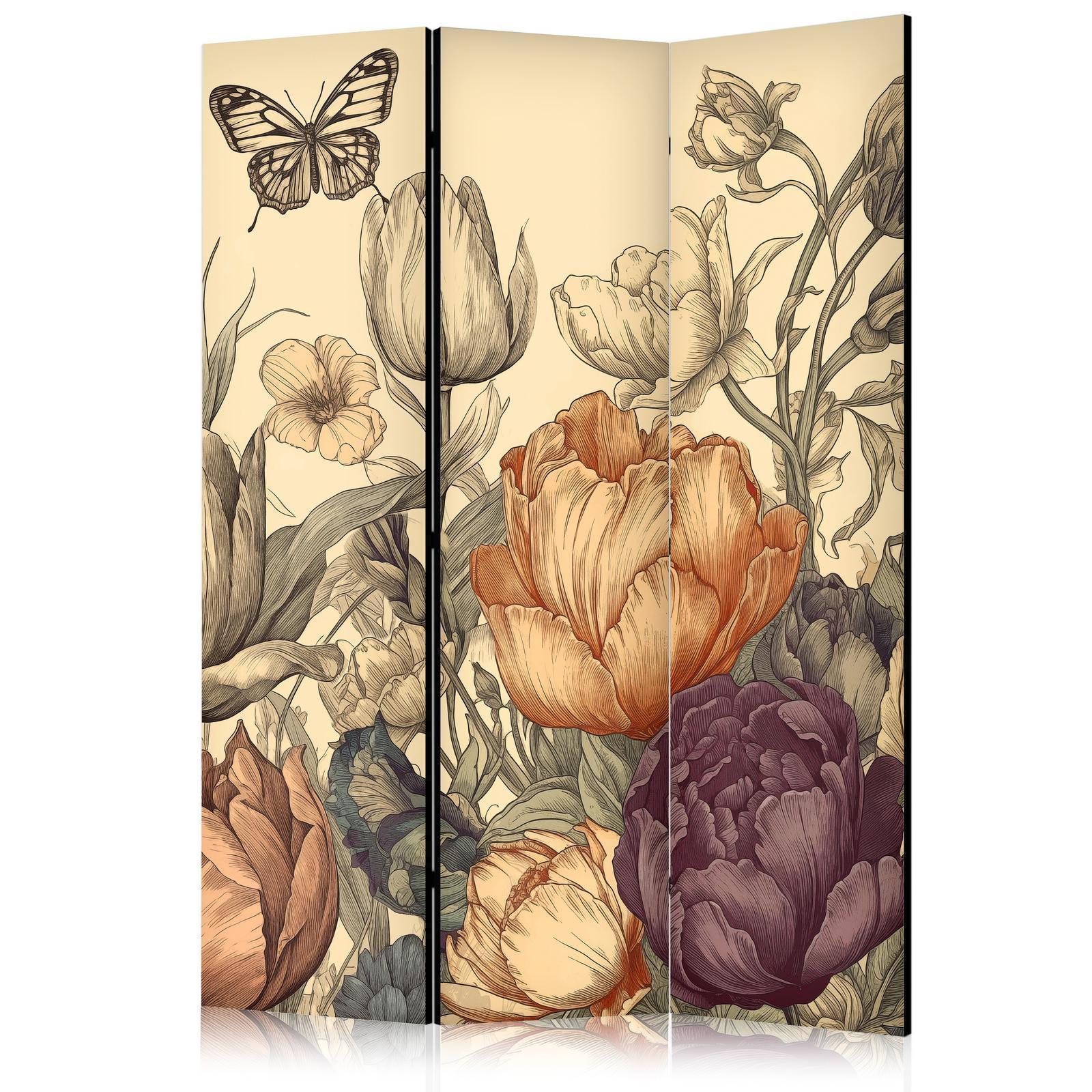 Paravent - Tulips in Cream - Illustration of Flowers and Butterflies on a Light Background