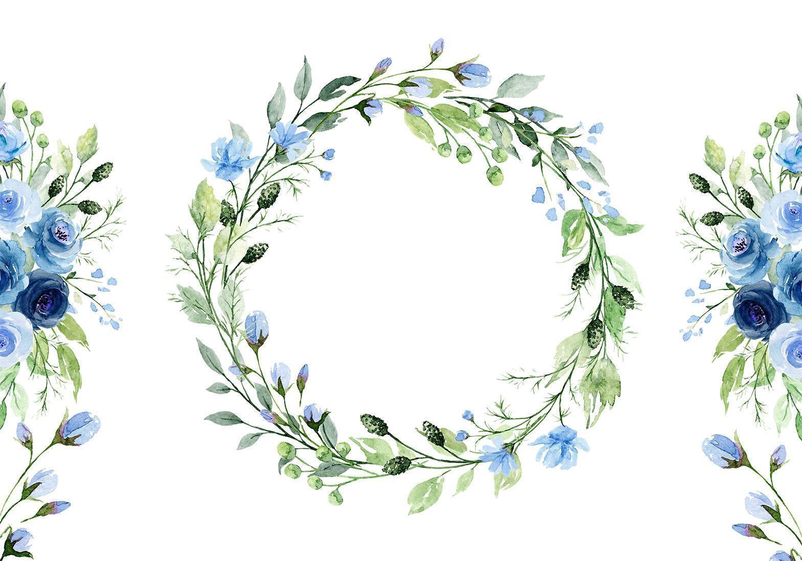 Papier peint - Romantic wreath - plant motif with blue flowers and leaves