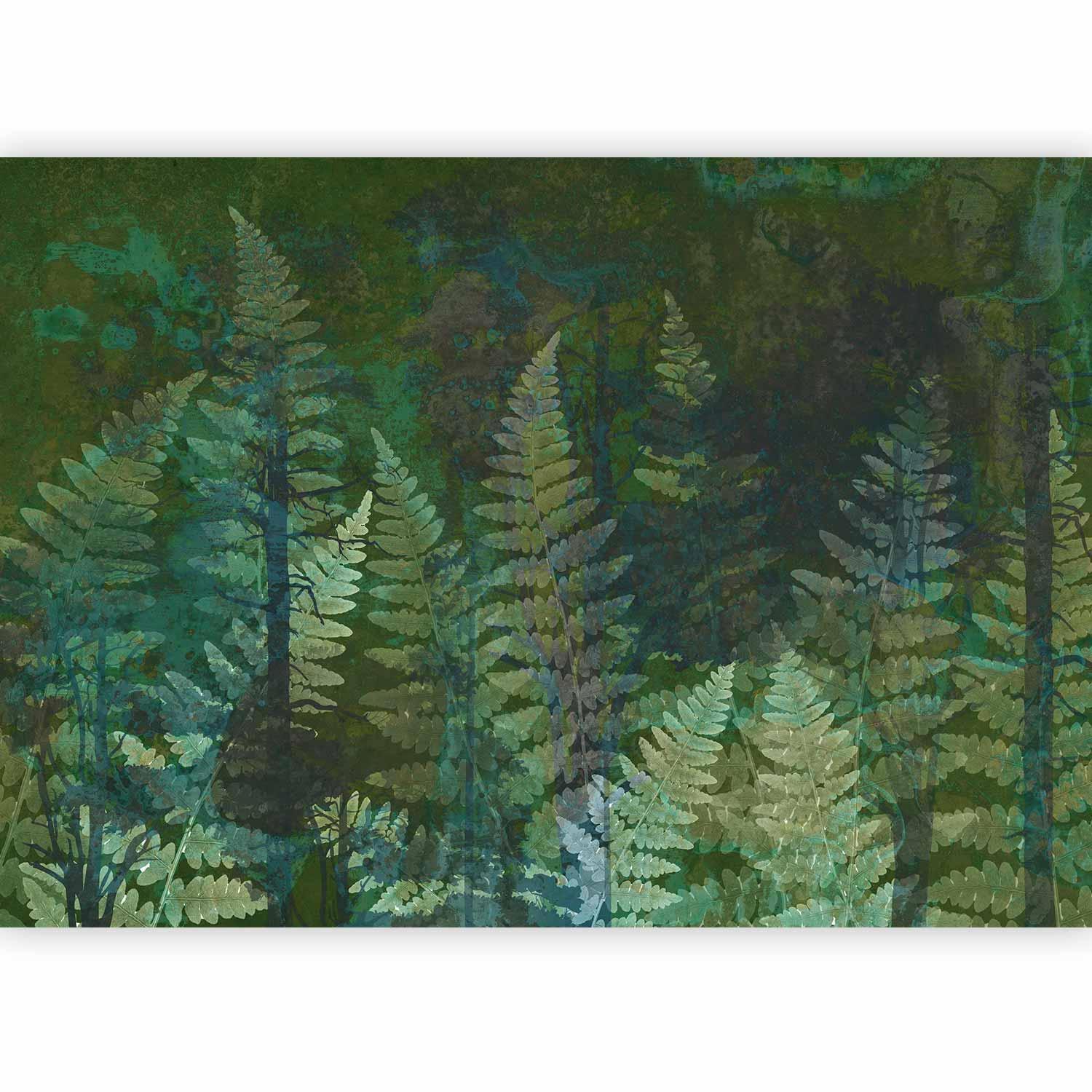 Papier peint - Green abstraction in the forest - fern leaves in the trunks with patterns