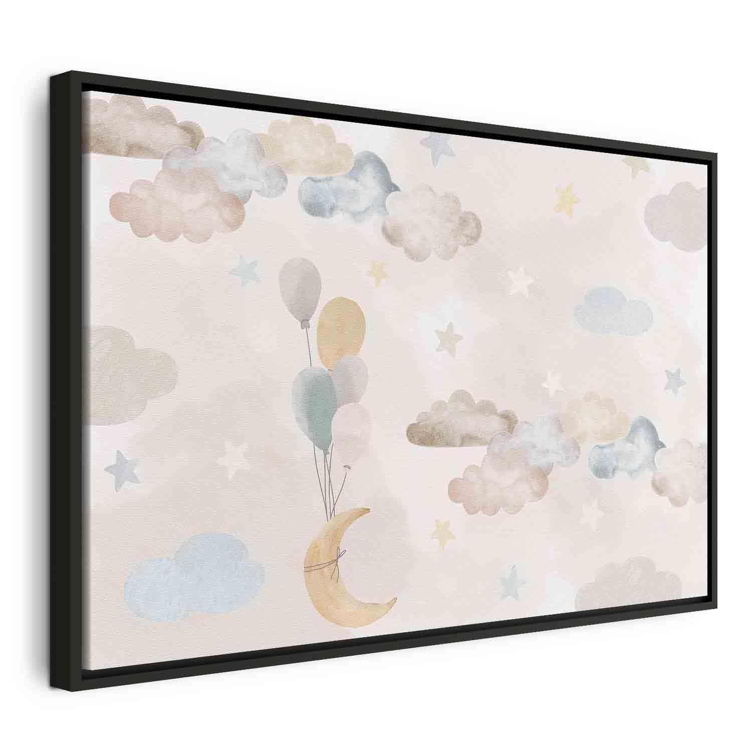 Tableau - Fairy-Tale Moon - Pastel Moon with Balloons Among Colorful Clouds and Stars in Subdued Colors on a Light Background