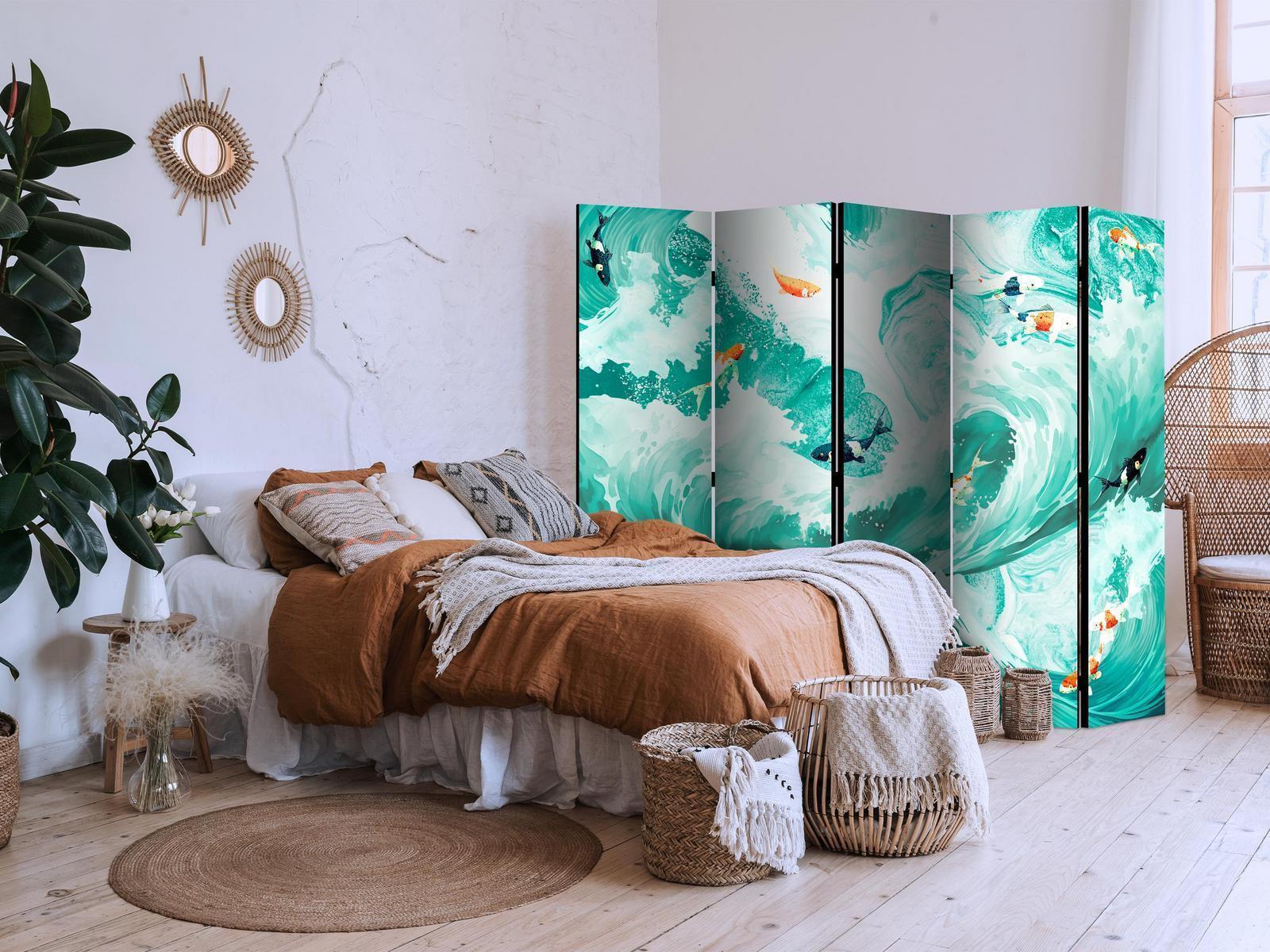 Paravent - Koi Fish Among Waves - Japanese Fish Amid Waves in Shades of Turquoise And White