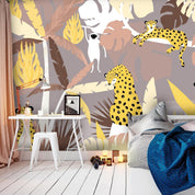 Papier peint - Cheetahs in the jungle - landscape with exotic animals with palm trees for children