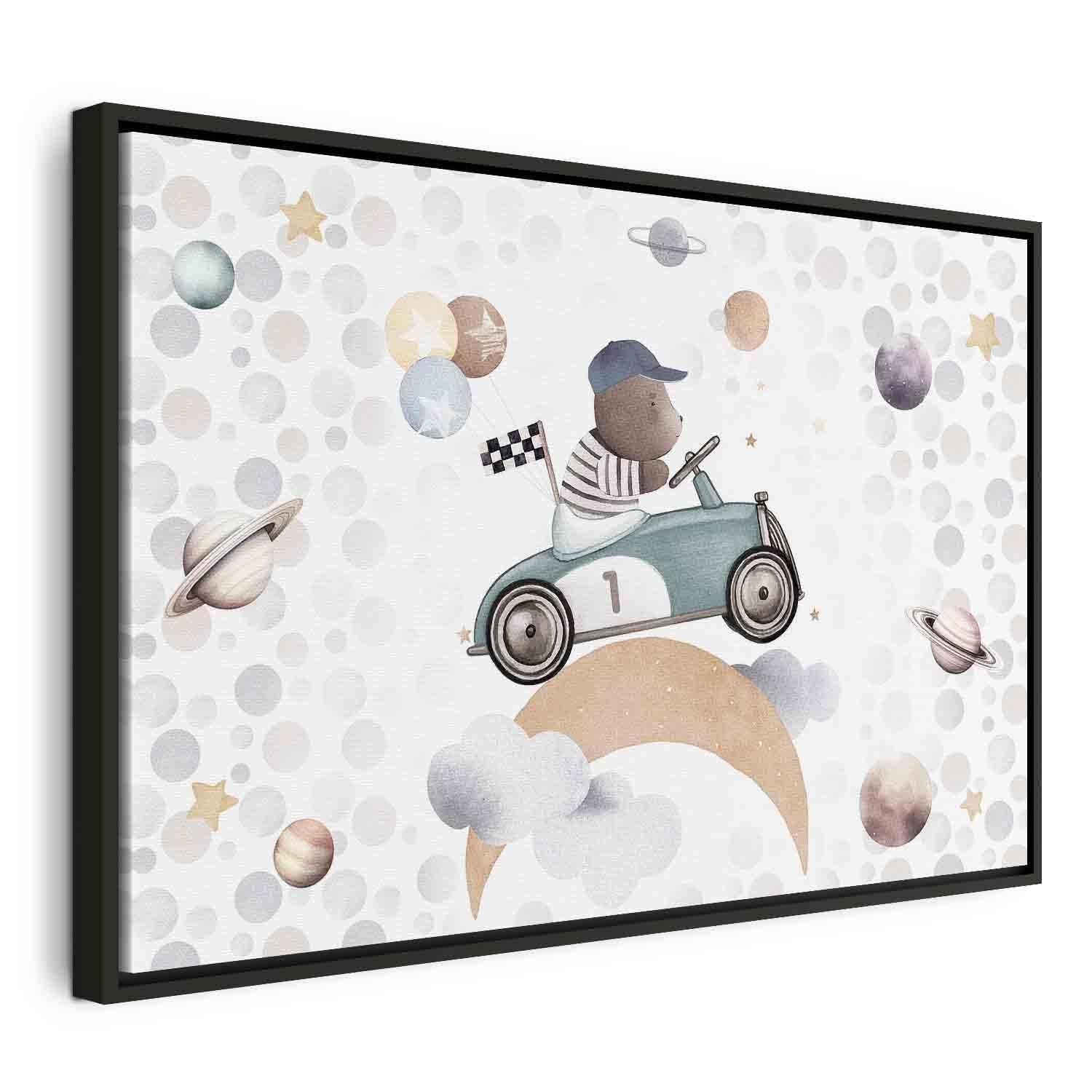 Tableau - Galactic Races - A Bear Participating in Car Races Among Planets Clouds and Stars in Pastel Hues