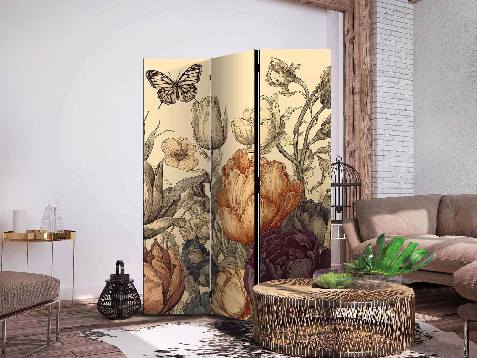 Paravent - Tulips in Cream - Illustration of Flowers and Butterflies on a Light Background