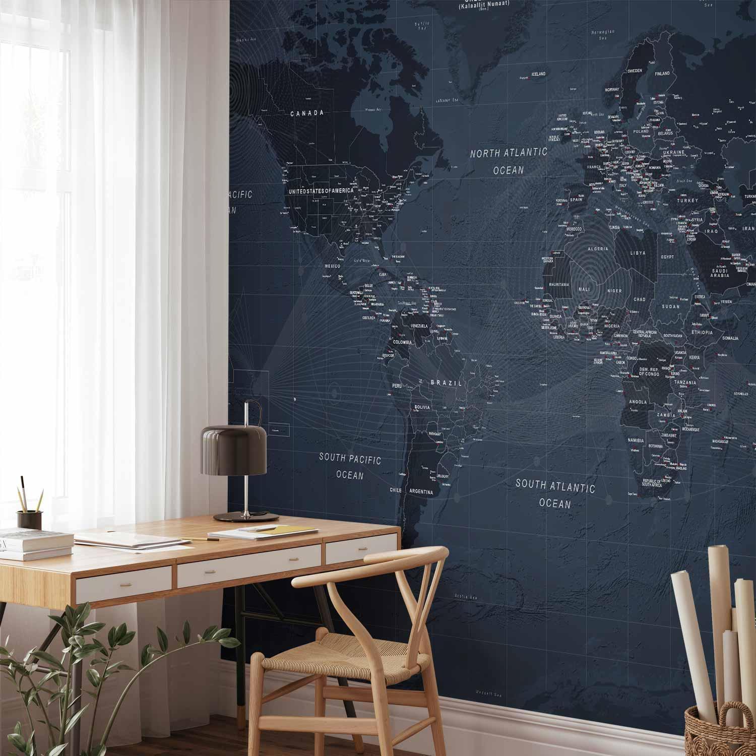 Papier peint - World map in blue - continents with inscriptions in English