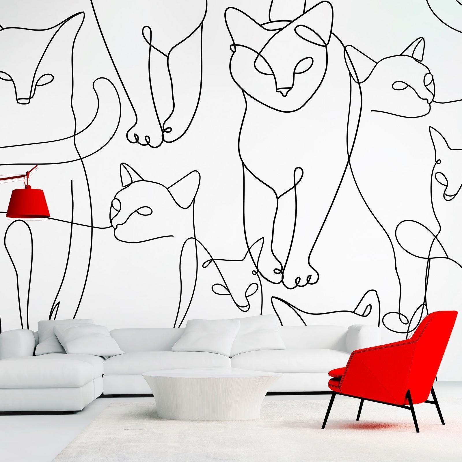 Papier peint - Cat lineart - minimalist sketches of black cats on white background