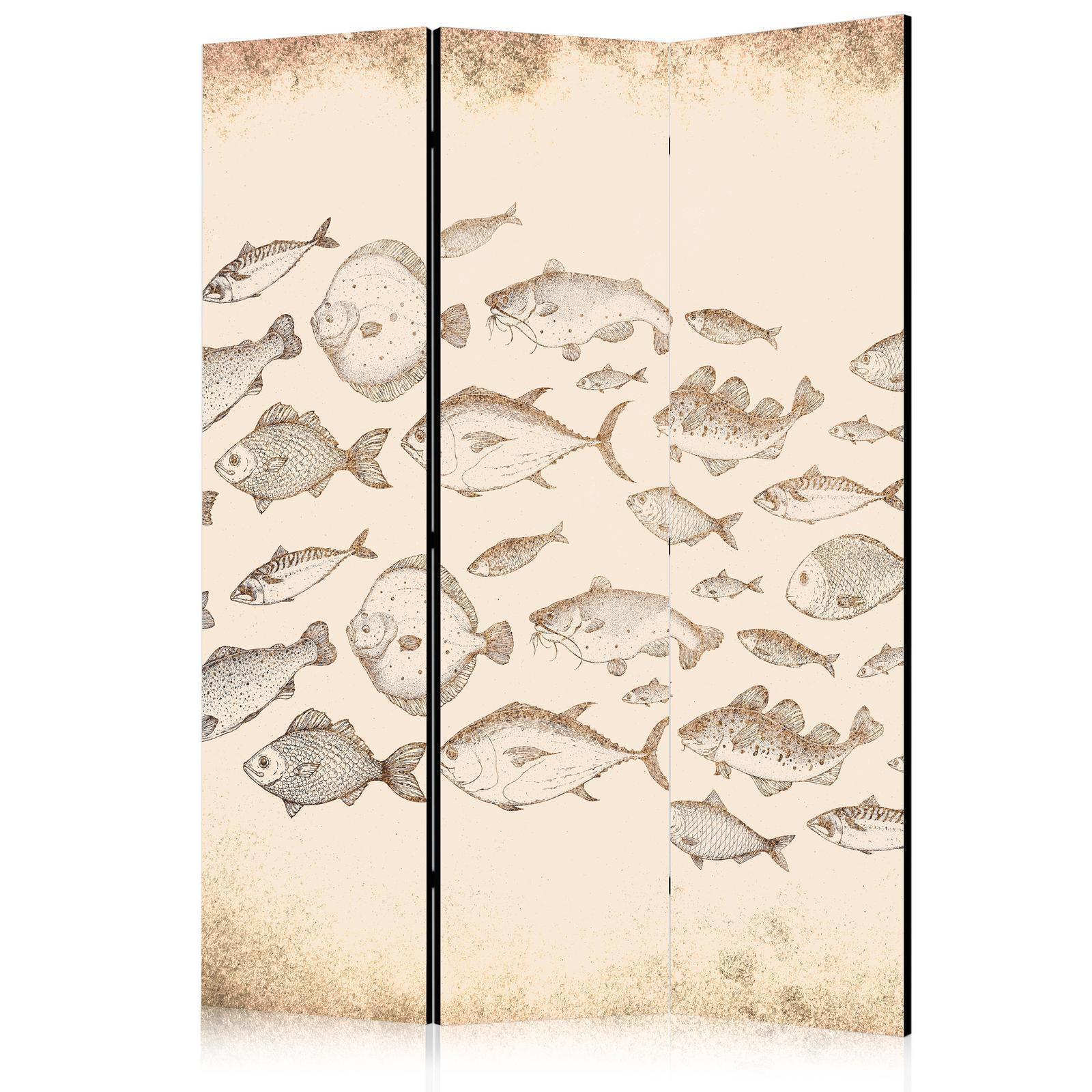 Paravent - Sketch of a Fish School - Sketches of Various Fish Species Swimming in a School on a Beige Background in Vintage Style