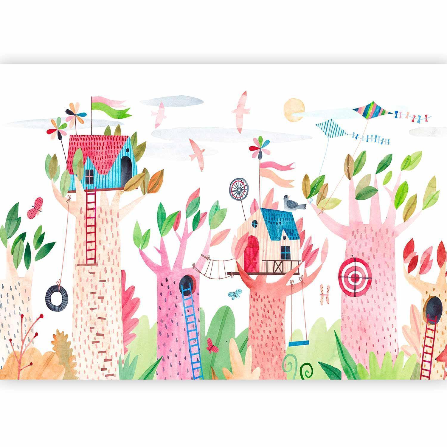 Papier peint - Painted tree houses - a colourful fantasy with kites for children