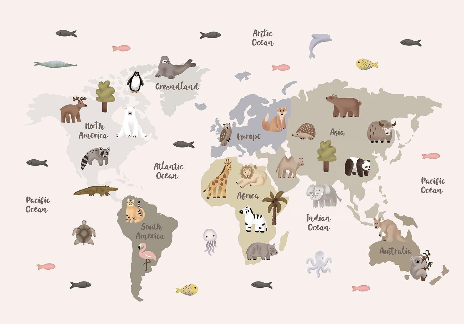 Papier peint - Pastel Map - Animals and Continents for Children's Room