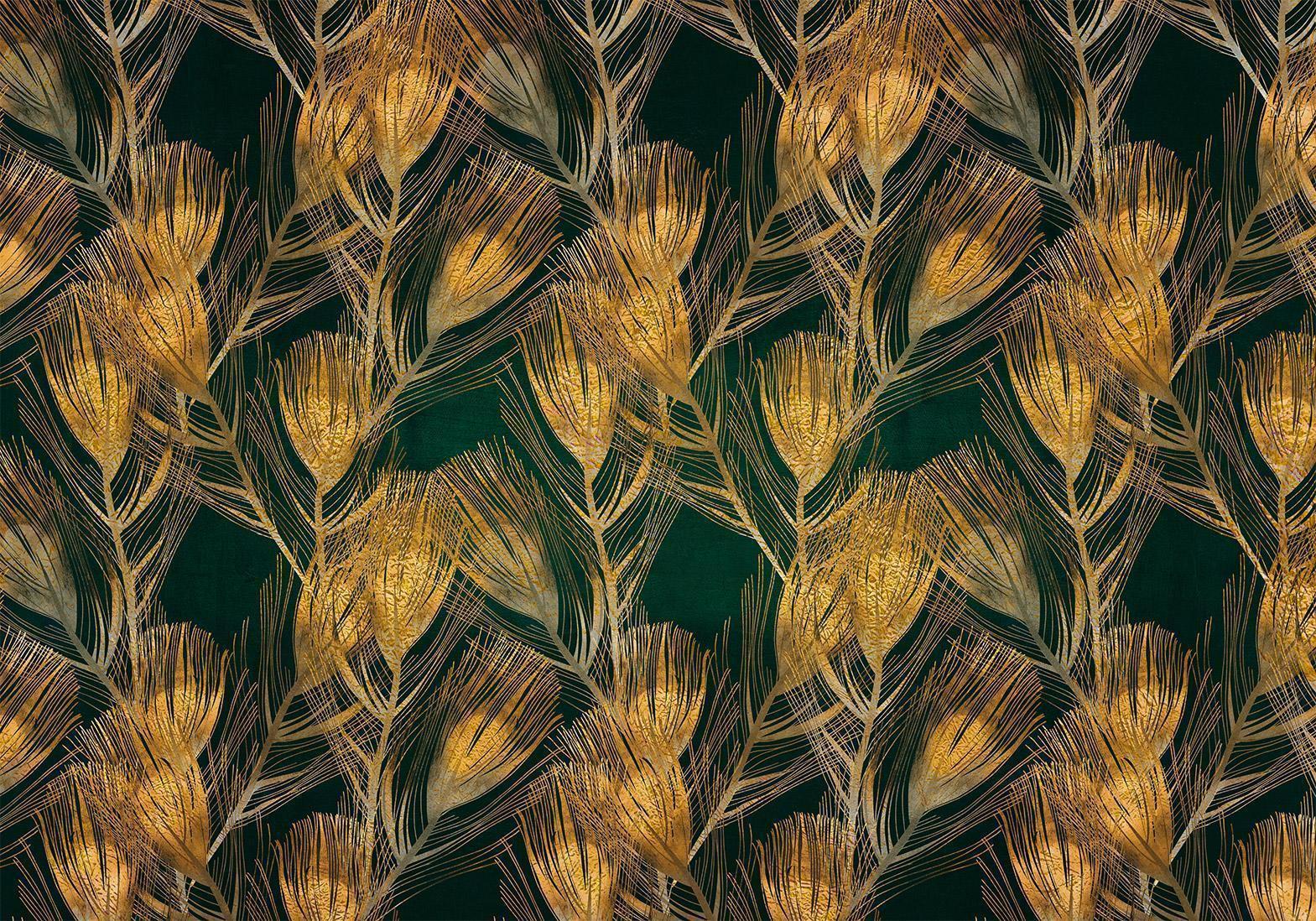 Papier peint - Golden peacock feathers - solid background with bird pattern on green background