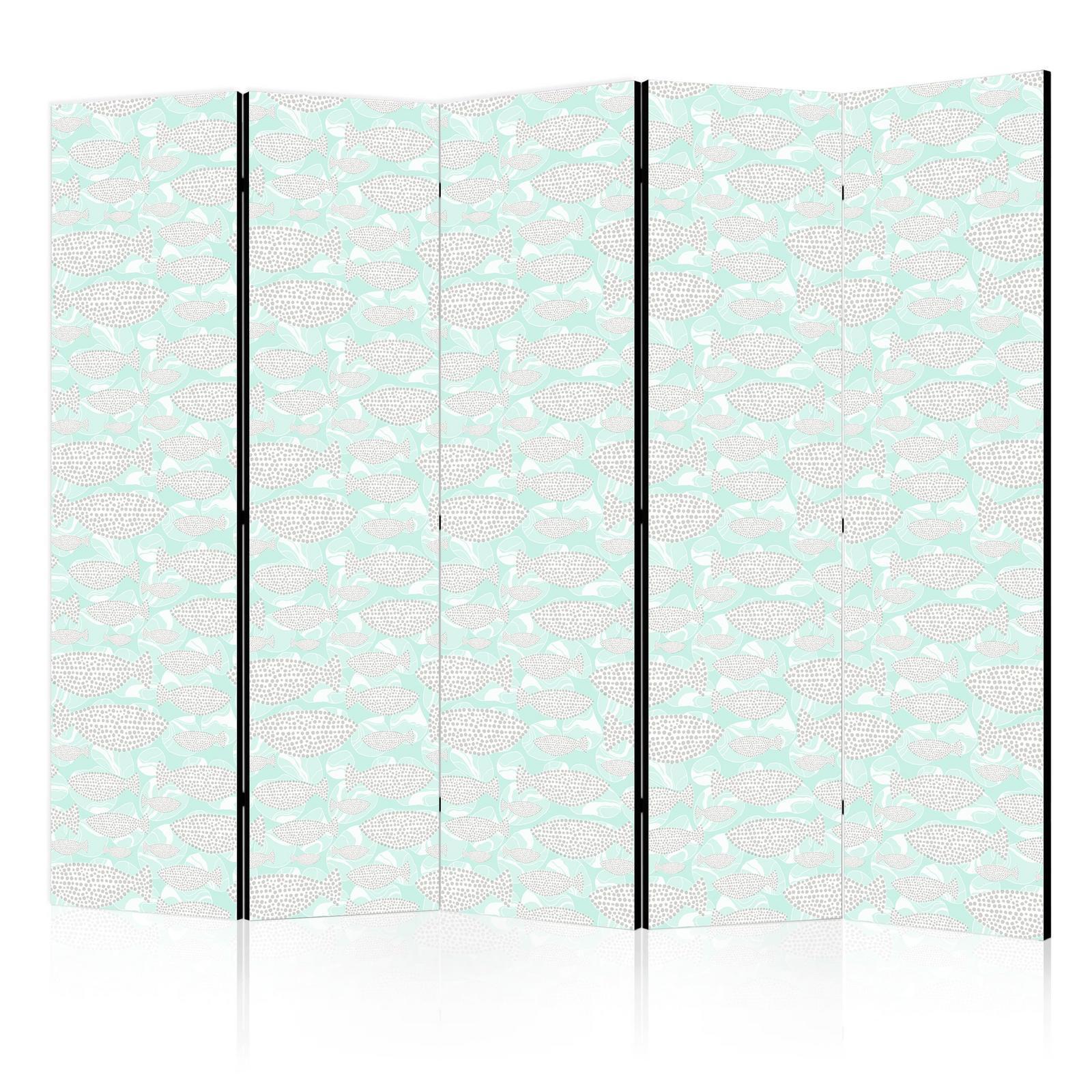 Paravent - Minimalist Fish - Fishes With Grey Dots Against a Crystal Sheet of Water in Mint Green Colors