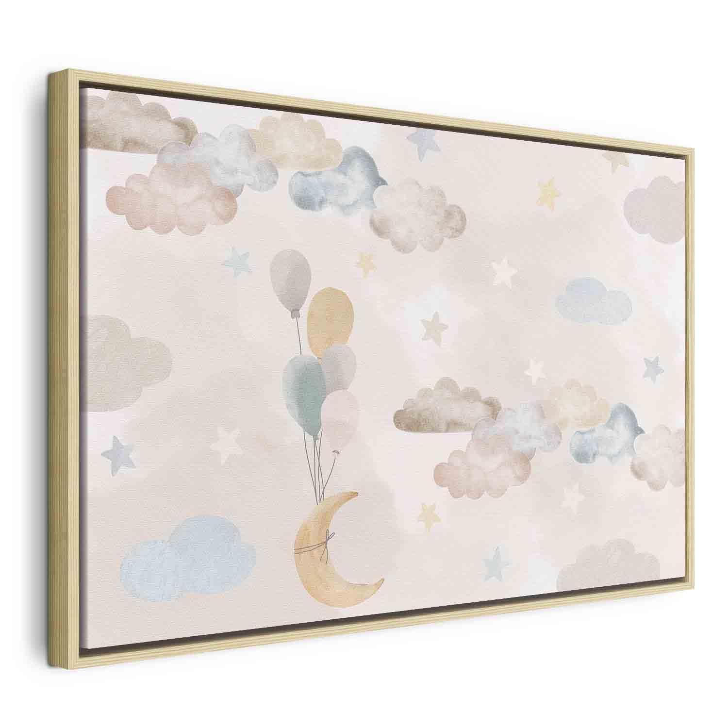 Tableau - Fairy-Tale Moon - Pastel Moon with Balloons Among Colorful Clouds and Stars in Subdued Colors on a Light Background