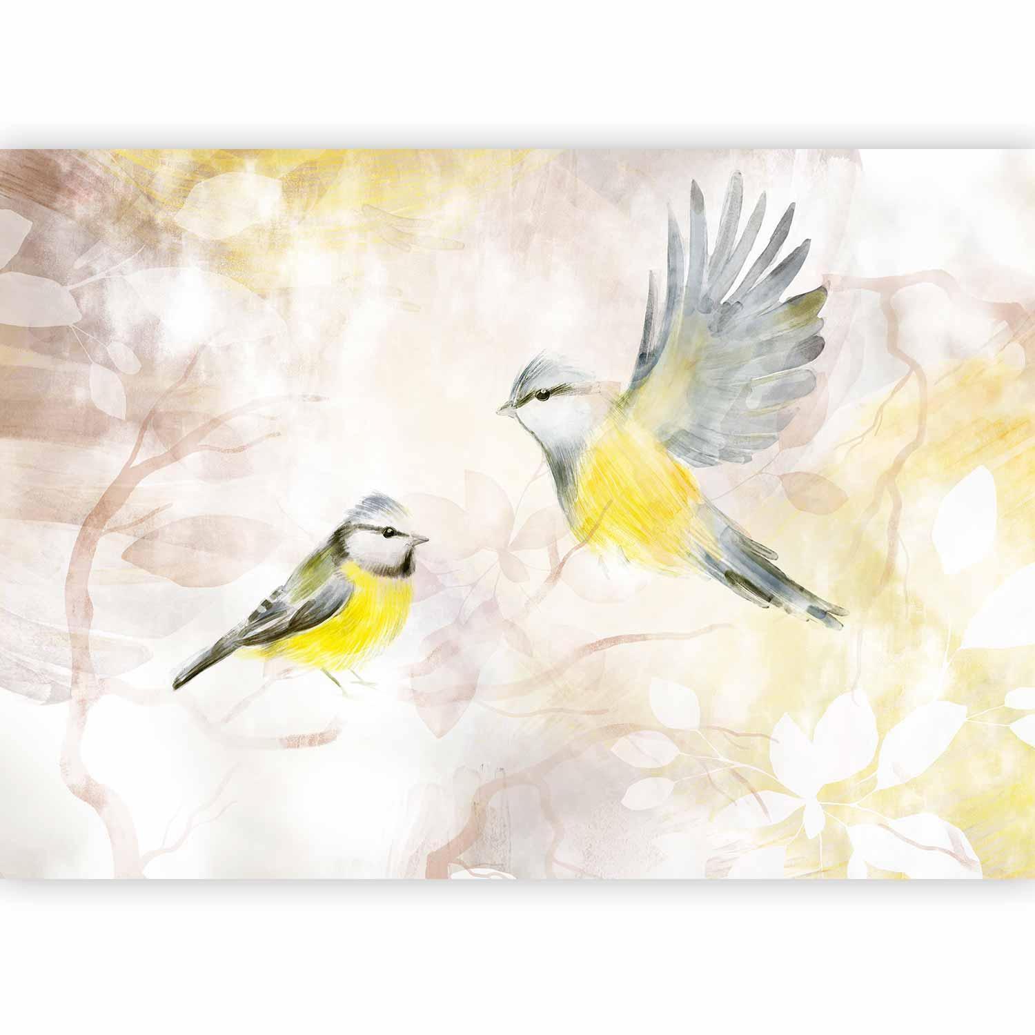 Papier peint - Painted tits - bird motif with patterns in yellow and beige tones