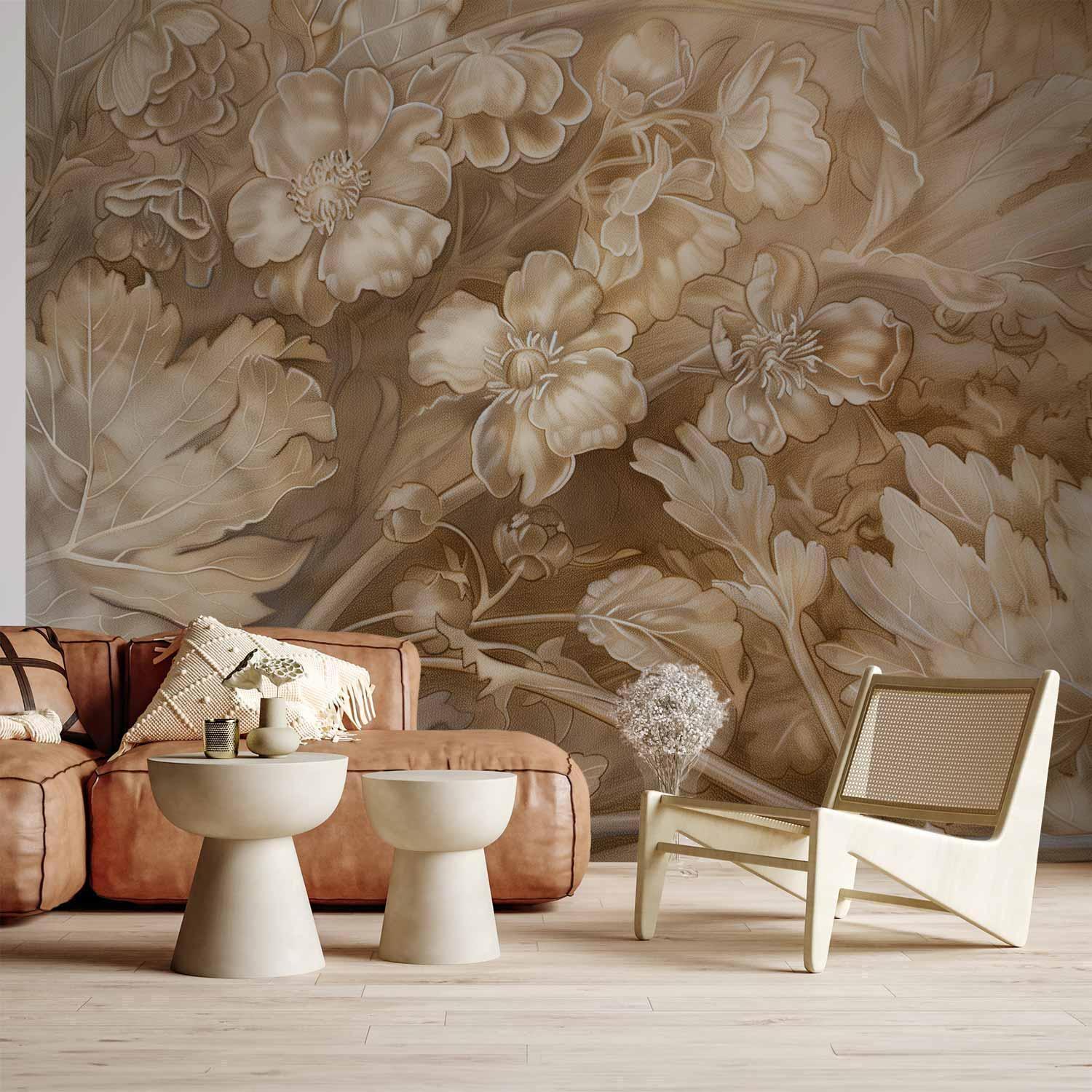 Papier peint - Floral Ornaments Carved in Delicate Sepia and Brown Shades