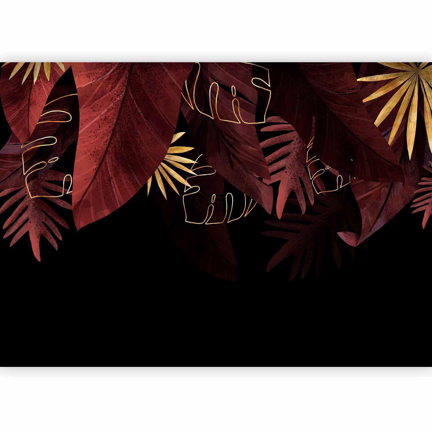 Papier peint - Jungle and composition - red and gold leaf motif on black background