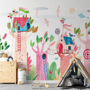 Papier peint - Painted tree houses - a colourful fantasy with kites for children