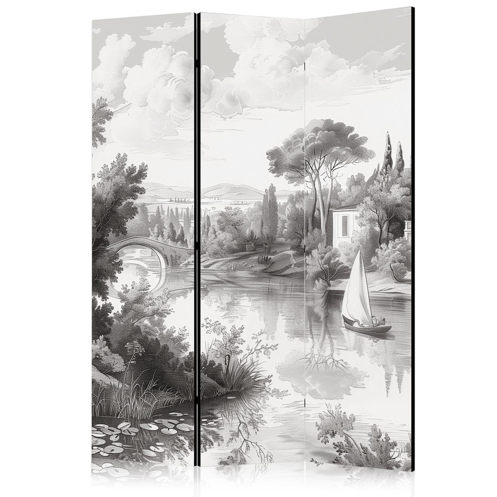 Paravent - Black and White Vintage Landscape - Retro View of a Pond with a Boat