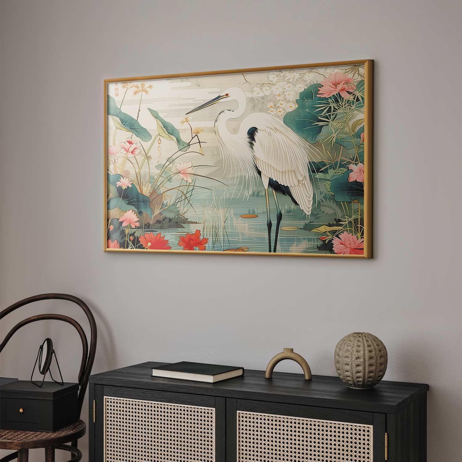 Poster - Over the Asian Pond - illustration in the Japanese print style featuring a heron