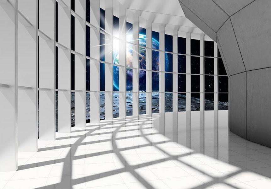 Papier peint - Unearthly city - space corridor in white with world view