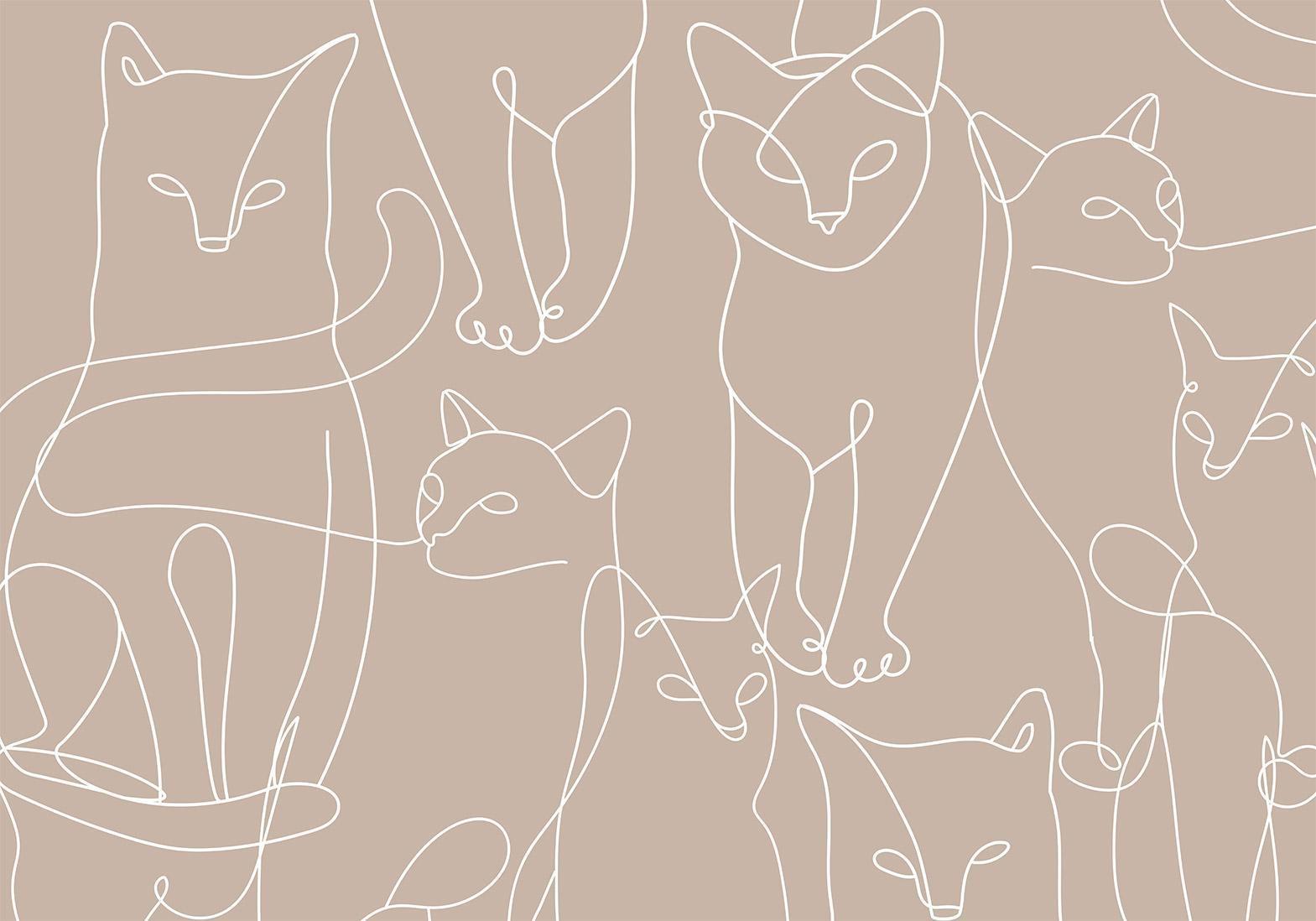 Papier peint - Cat lineart - minimalist sketches of white cats on beige background