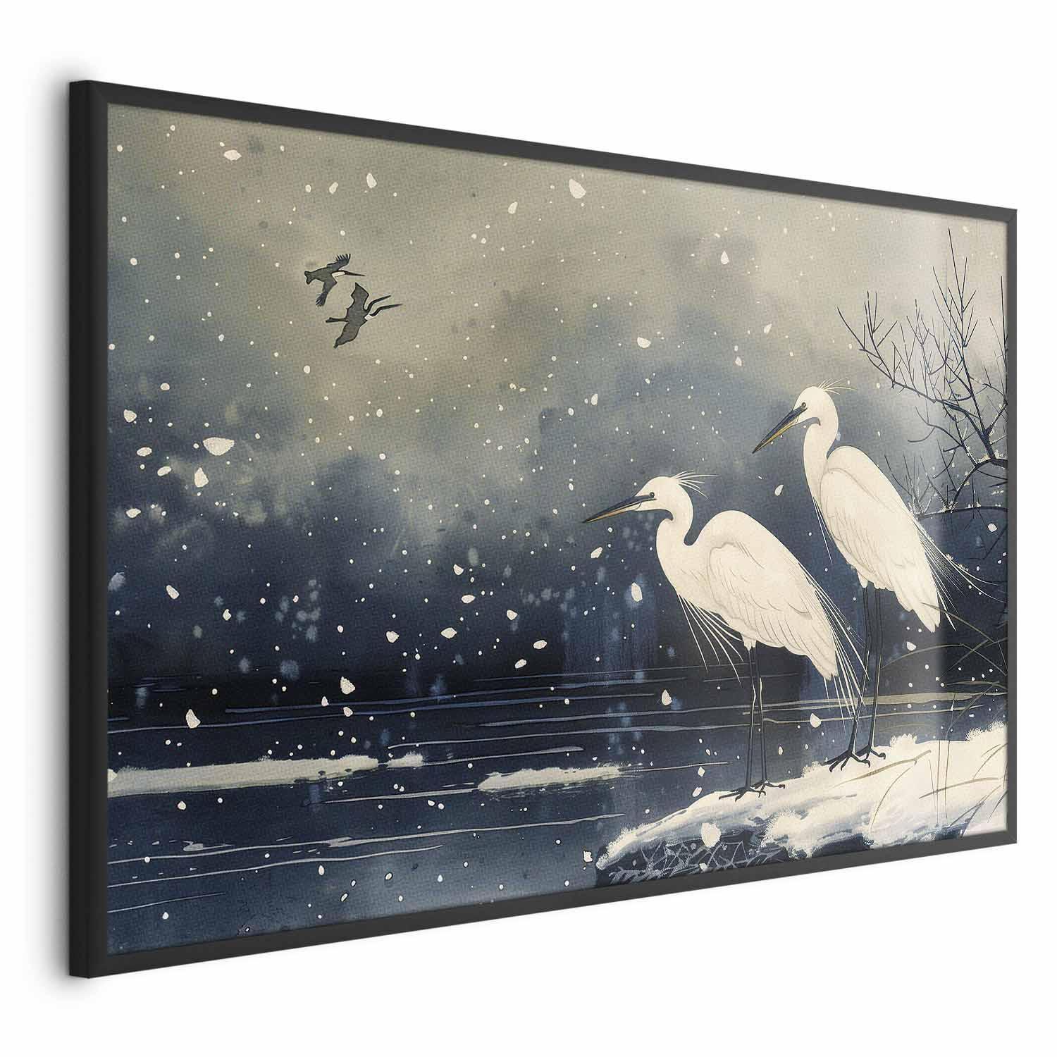 Poster - Herons over a Winter Pond - illustration in the Japanese style in dark colors