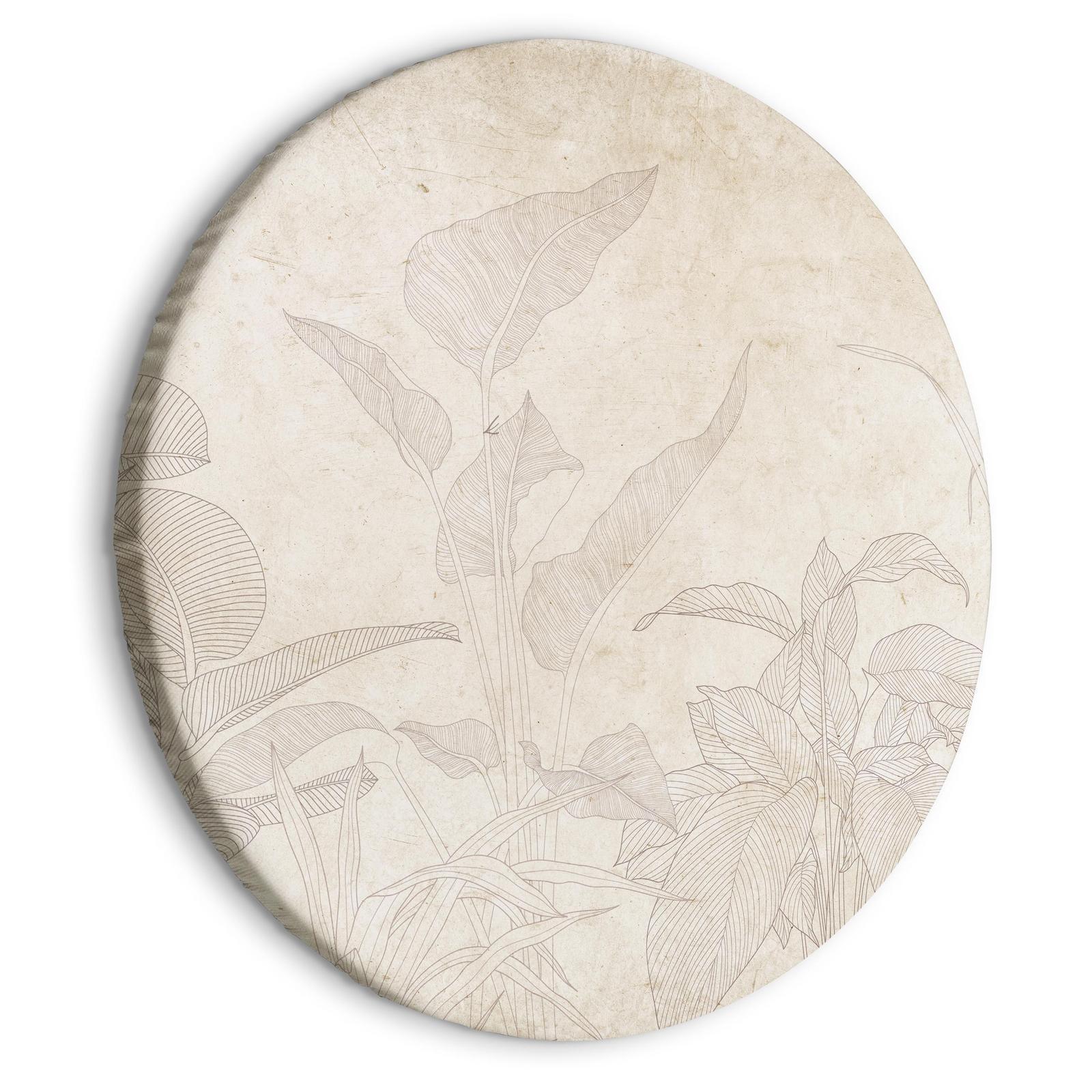 Tableau rond - Muted exotic greenery - Delicate outlines of tropical shrubs on beige and sand background/Subtle exotic plants