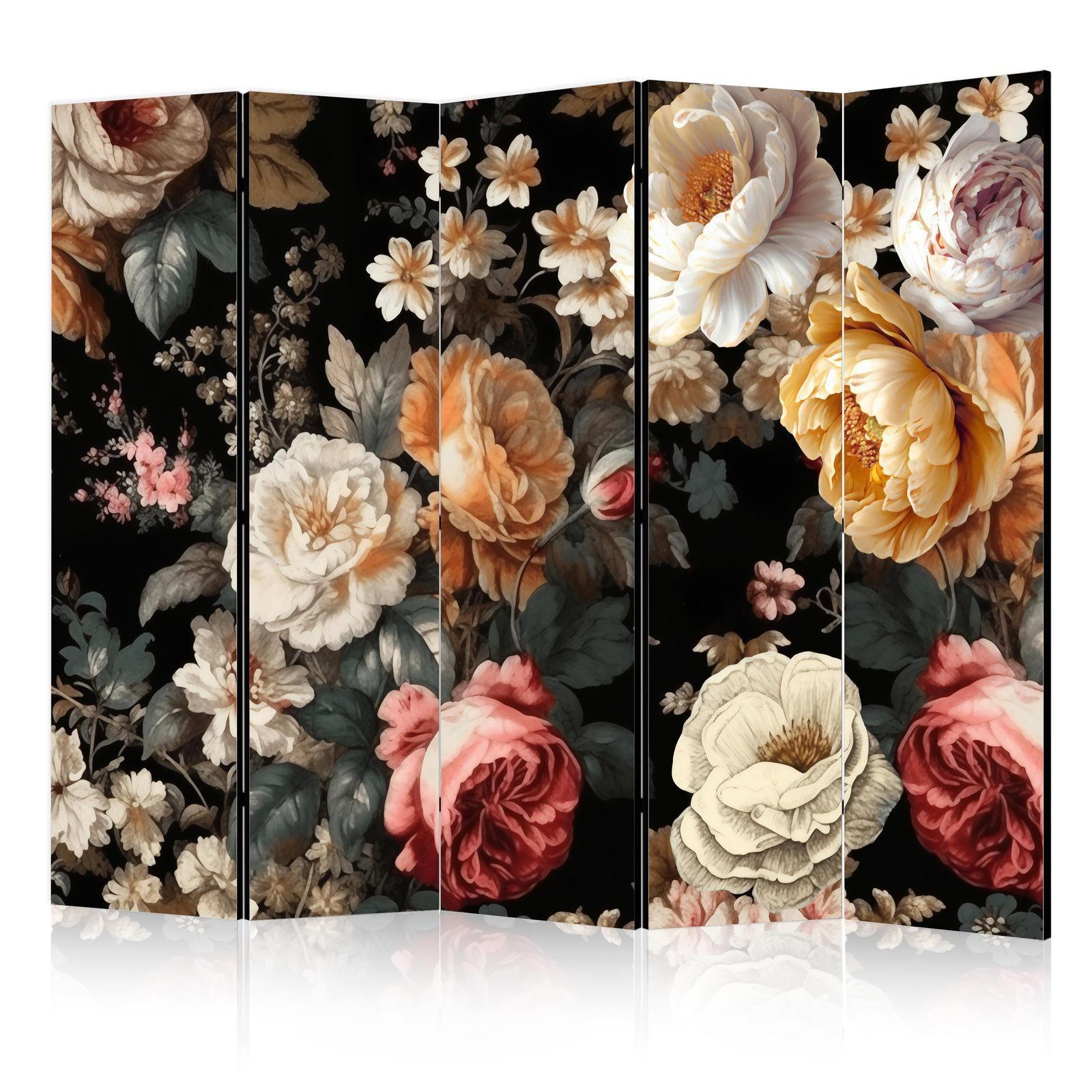 Paravent - Floristry in Vintage Style - a Plethora of Colorful Flowers on a Black Background