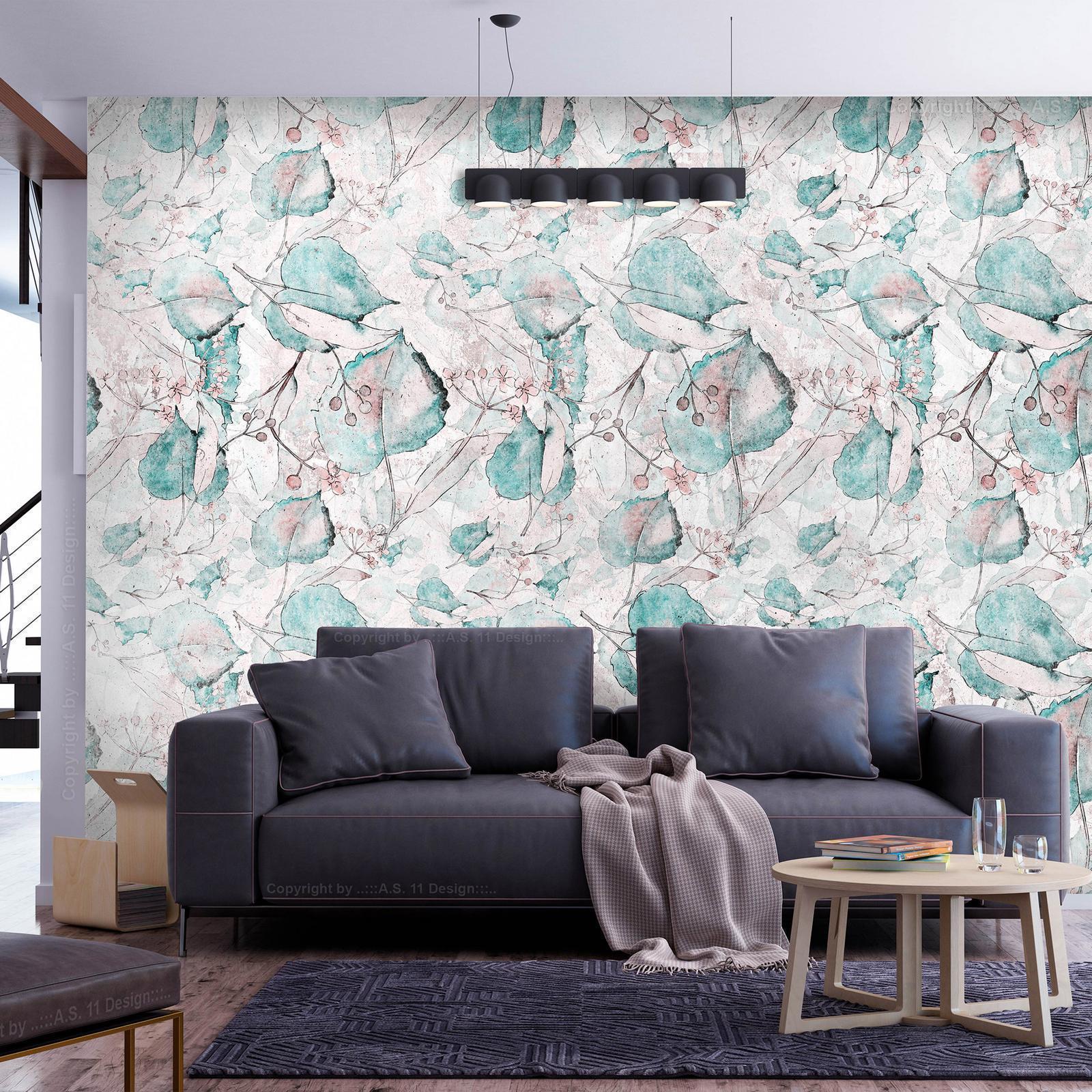 Papier peint - Autumn souvenirs - floral pattern with turquoise leaves