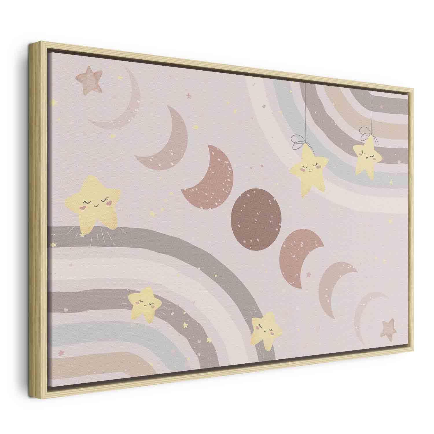 Tableau - Joyful Sky - Yellow Cheerful Stars with a Rainbow Against the Phases of the Moon in a Light Beige Sky Hue