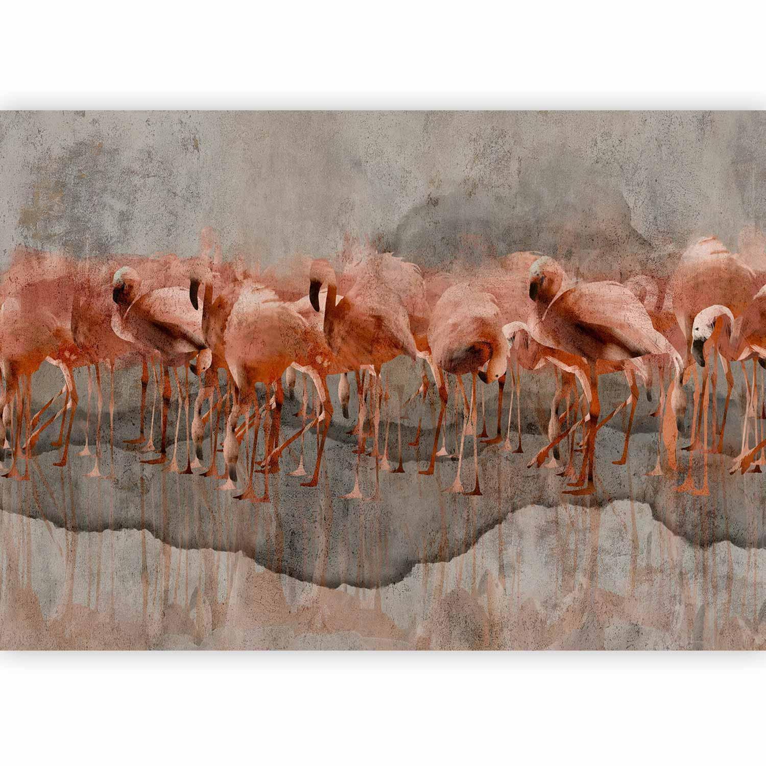 Papier peint - Exotic birds - pink flamingos with shadow on grey concrete background