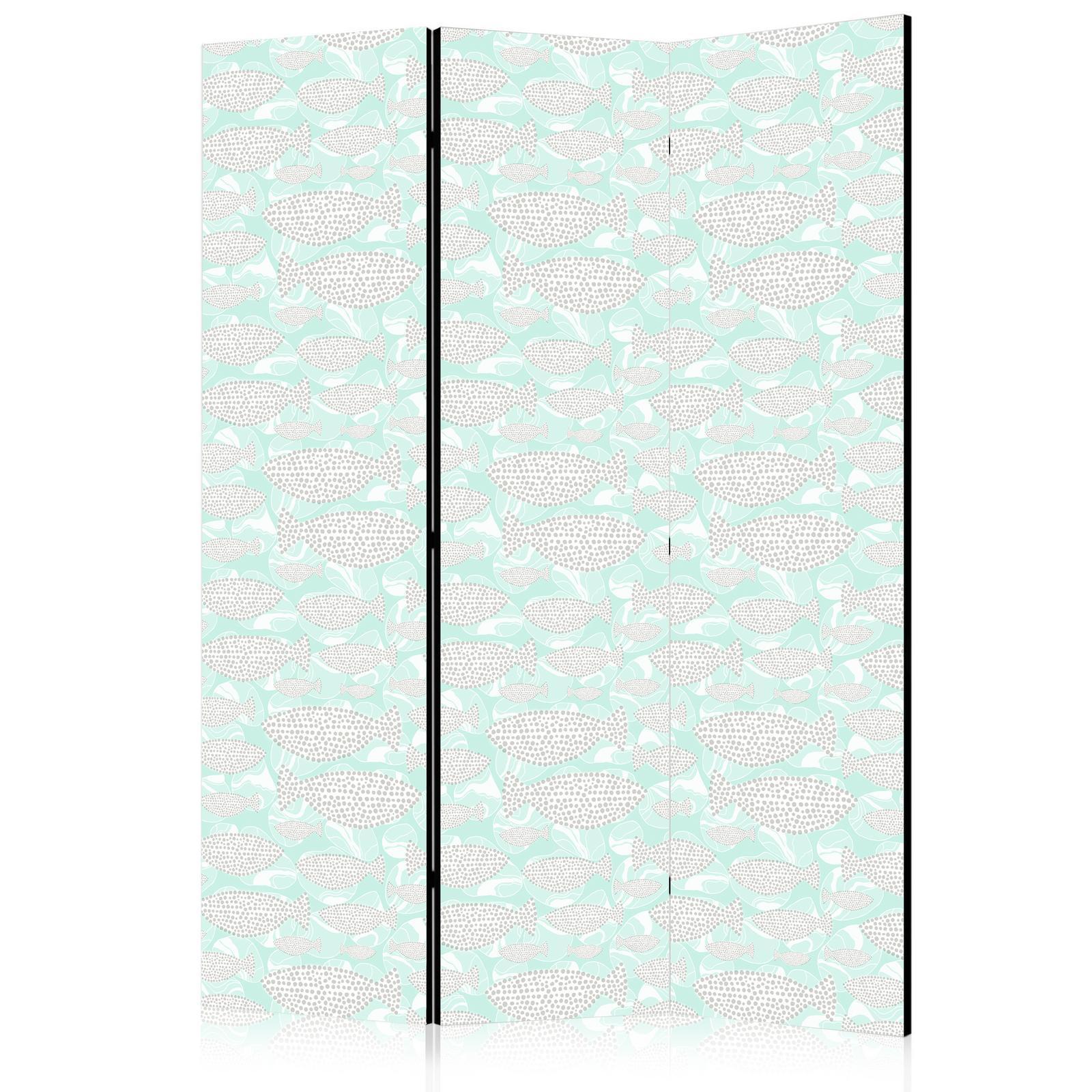 Paravent - Minimalist Fish - Fish of Grey Dots on a Crystal Clear Water Surface in Mint Green Colors