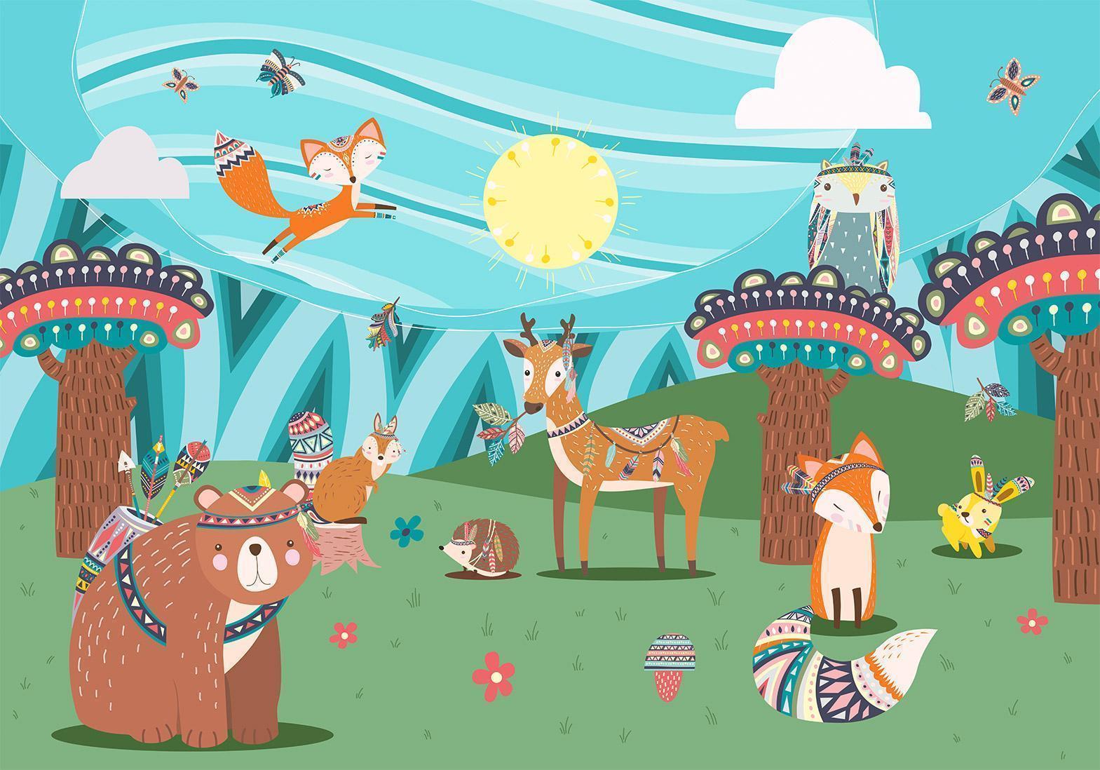 Papier peint - Adventures in the forest - forest animals in an Indian theme for children